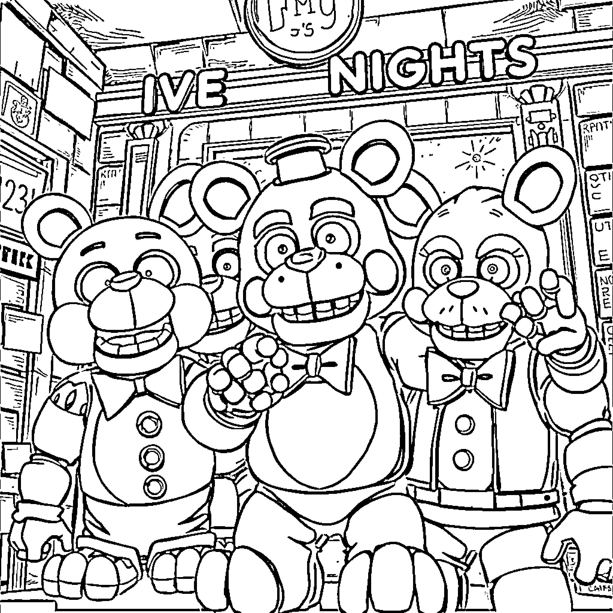 Superhero Animatronic Characters Celebrate Live Nights Coloring Page (free black-and-white line drawing printable PDF for all, from beginners to advanced learners, including children, teens, adults, and seniors)