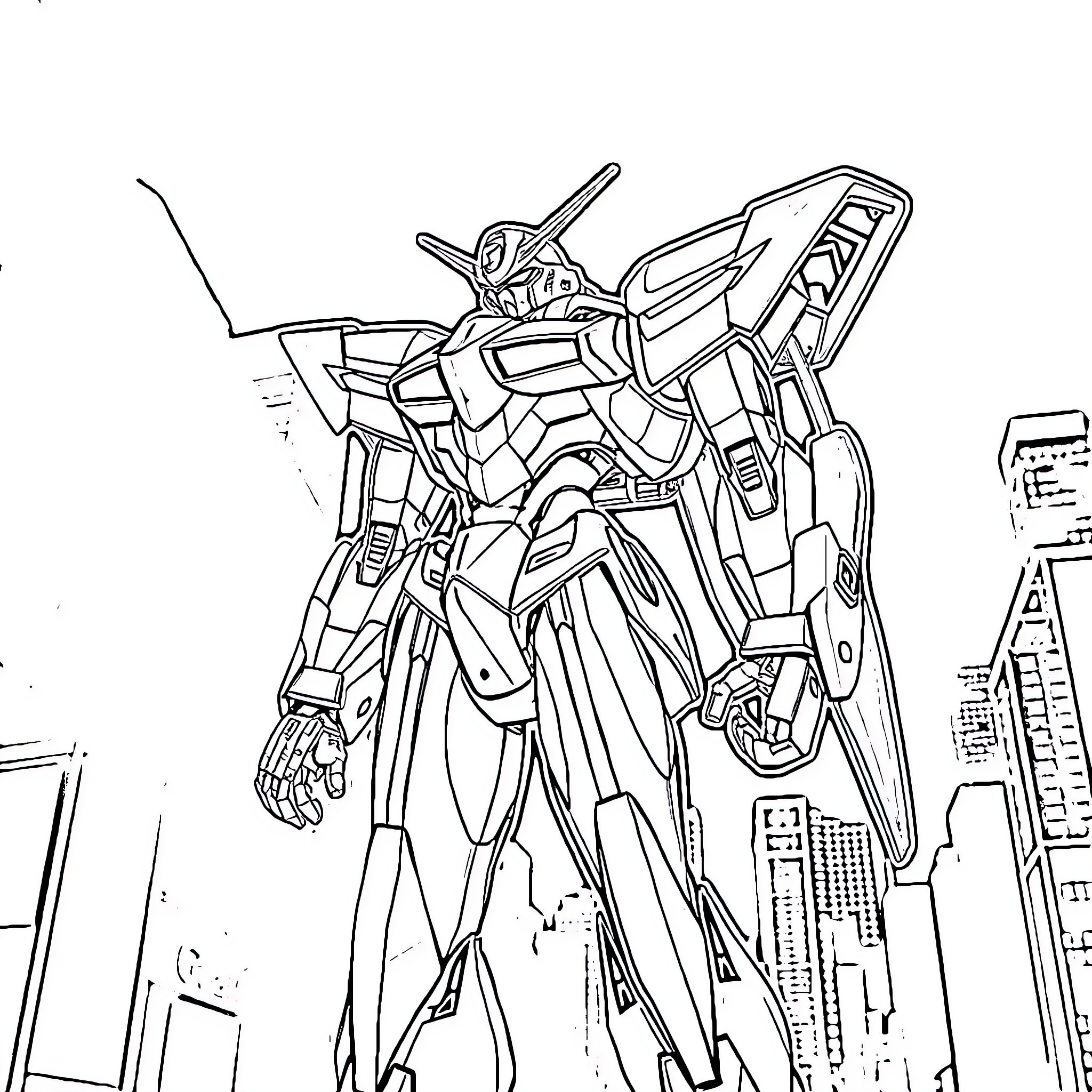 Eva-01 mech battling in futuristic cityscape Coloring Page (free black-and-white line drawing printable PDF for all, from beginners to advanced learners, including children, teens, adults, and seniors)