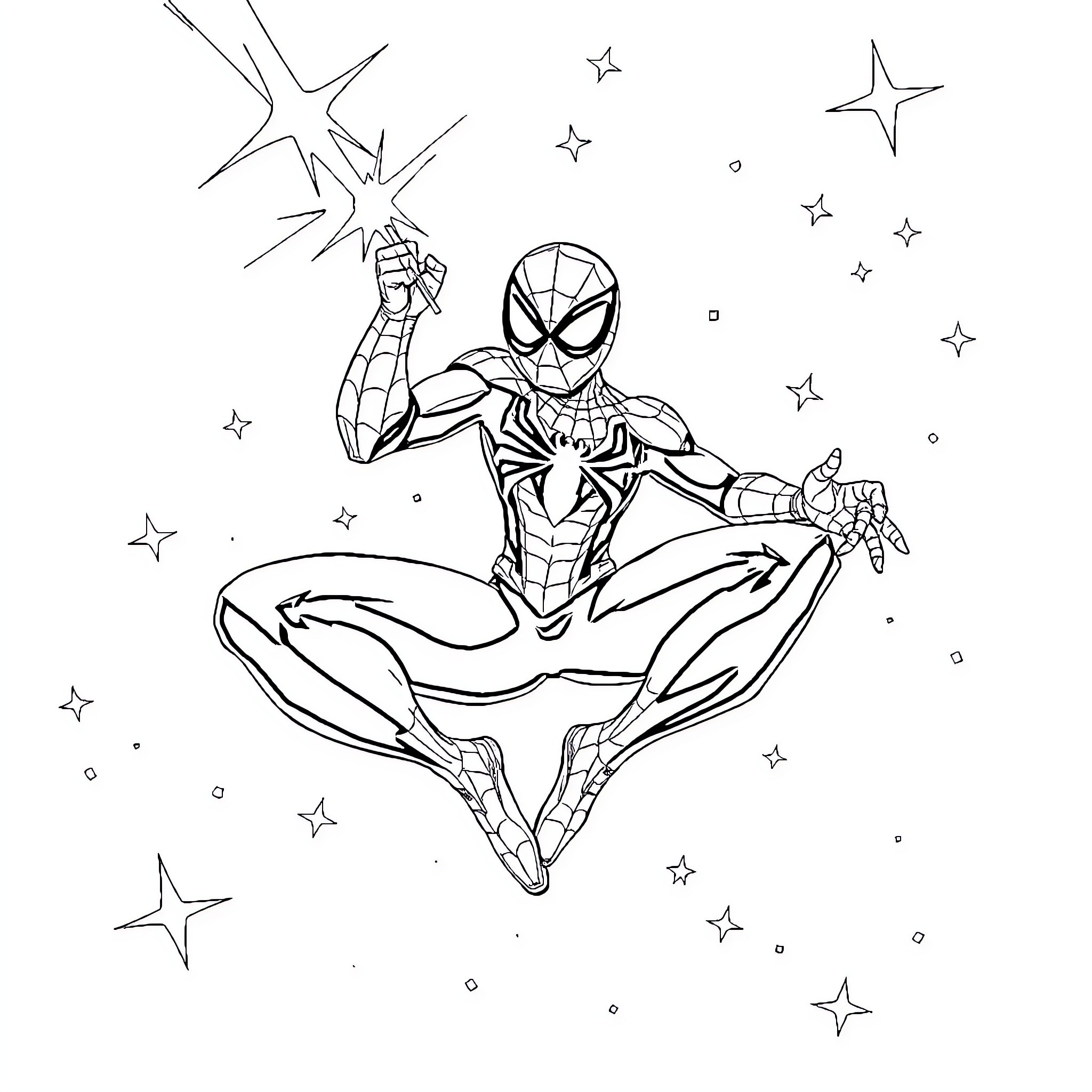 Spidey swinging high amid twinkling stars Coloring Page (free black-and-white line drawing printable PDF for all, from beginners to advanced learners, including children, teens, adults, and seniors)