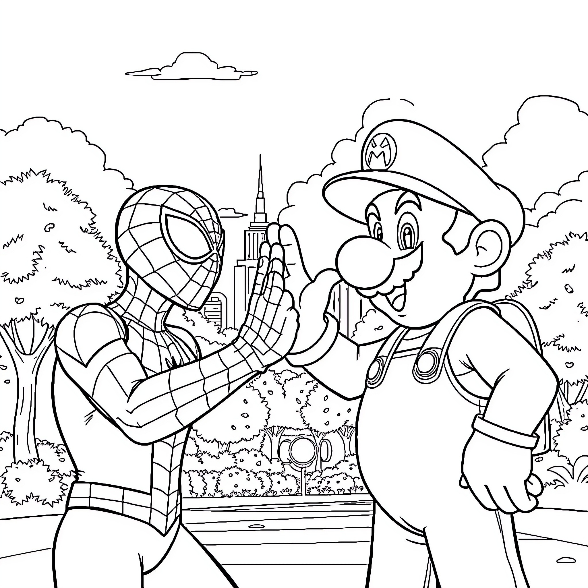 Spiderman meets and interacts with a cartoon character Coloring Page (free black-and-white line drawing printable PDF for all, from beginners to advanced learners, including children, teens, adults, and seniors)