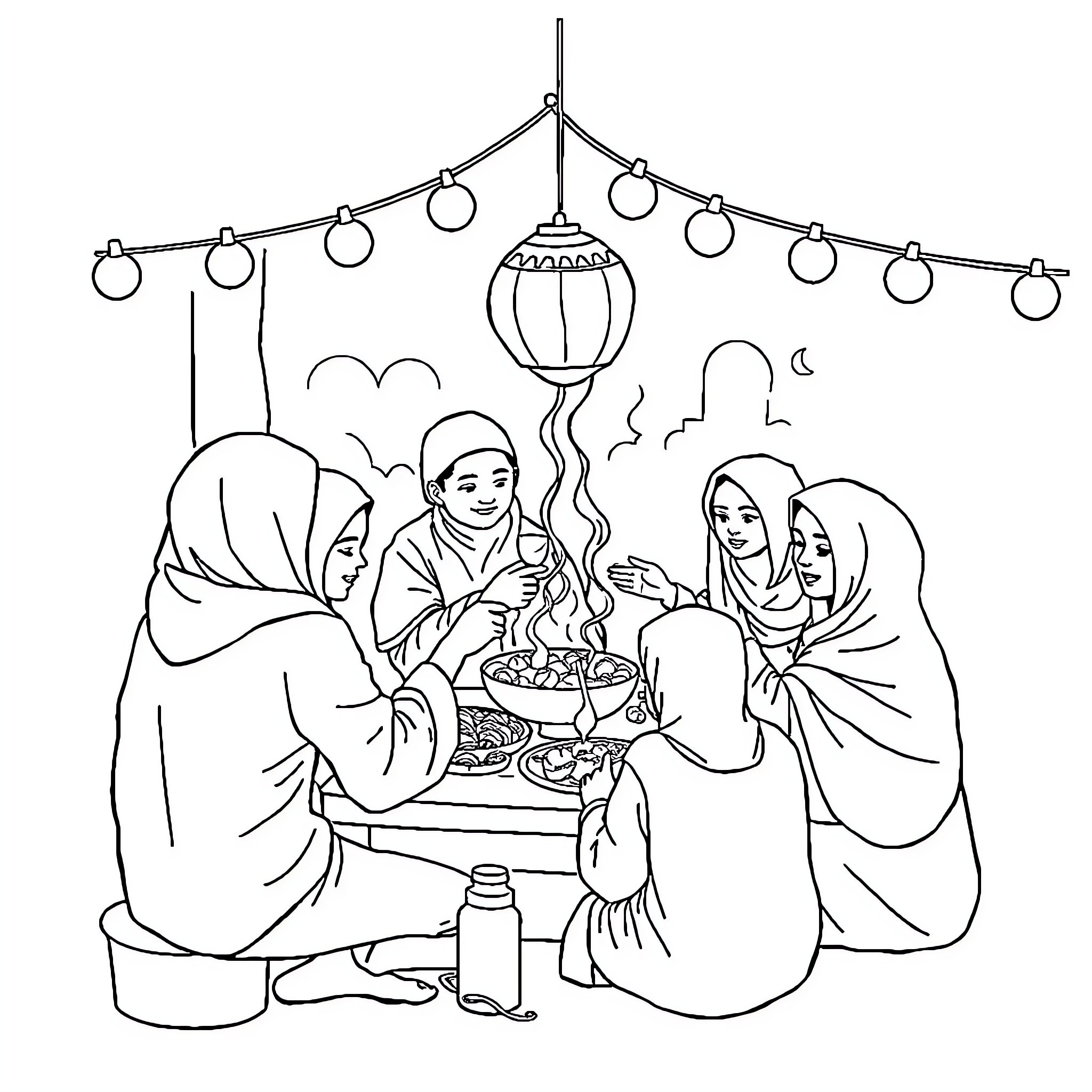 Tung Tung Family Gathering Around Lantern Coloring Page (free black-and-white line drawing printable PDF for all, from beginners to advanced learners, including children, teens, adults, and seniors)