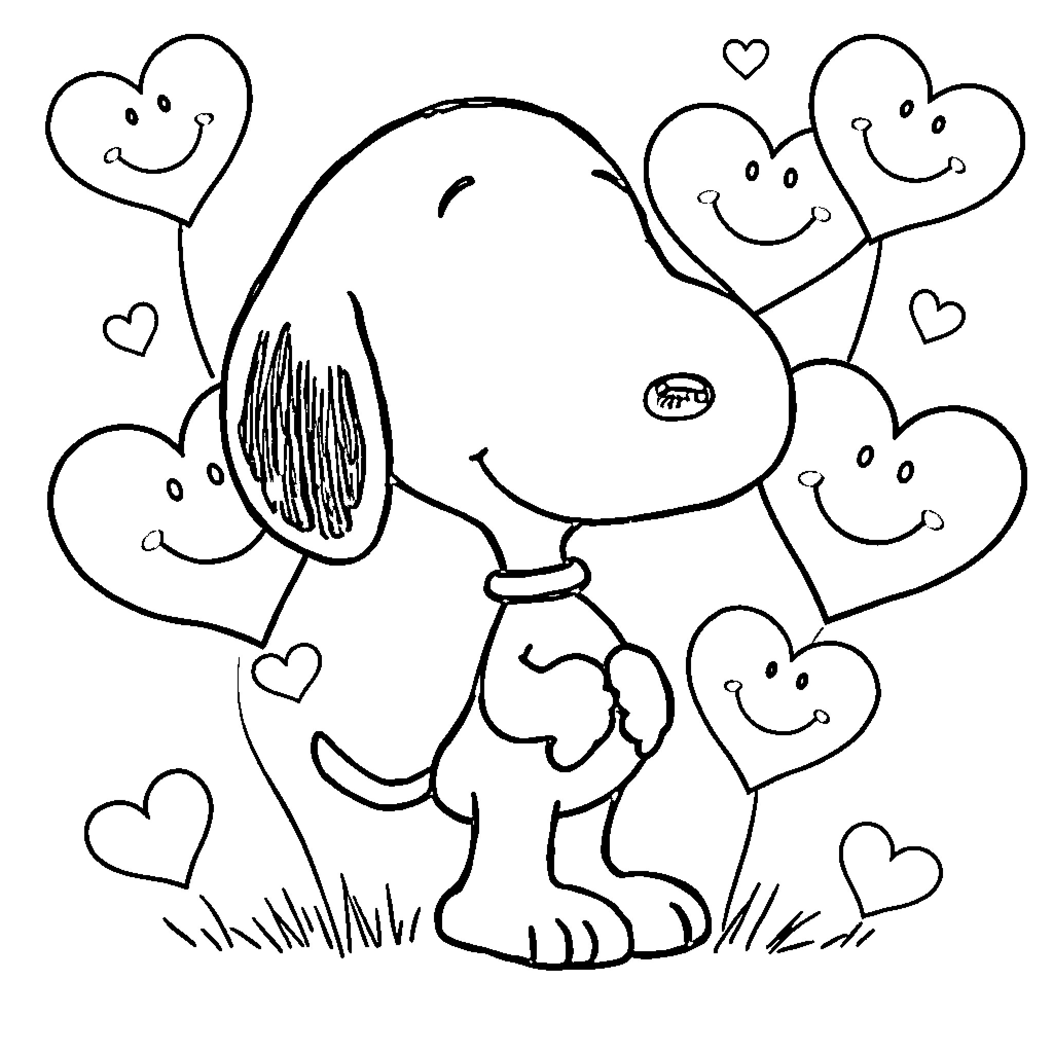 Snoopy surrounded by cheerful hearts Coloring Page (free black-and-white line drawing printable PDF for all, from beginners to advanced learners, including children, teens, adults, and seniors)