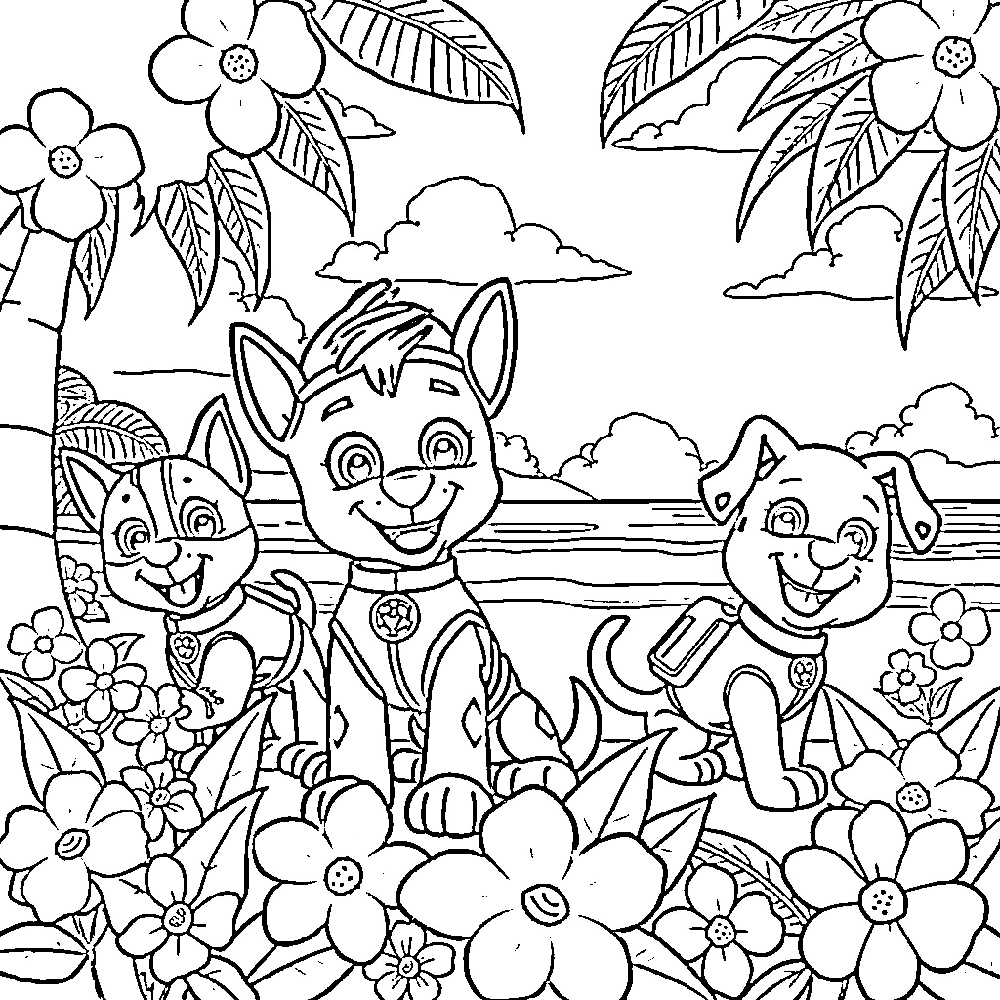 Paw Patrol Pups Explore the Tropical Landscape Coloring Page (free black-and-white line drawing printable PDF for all, from beginners to advanced learners, including children, teens, adults, and seniors)