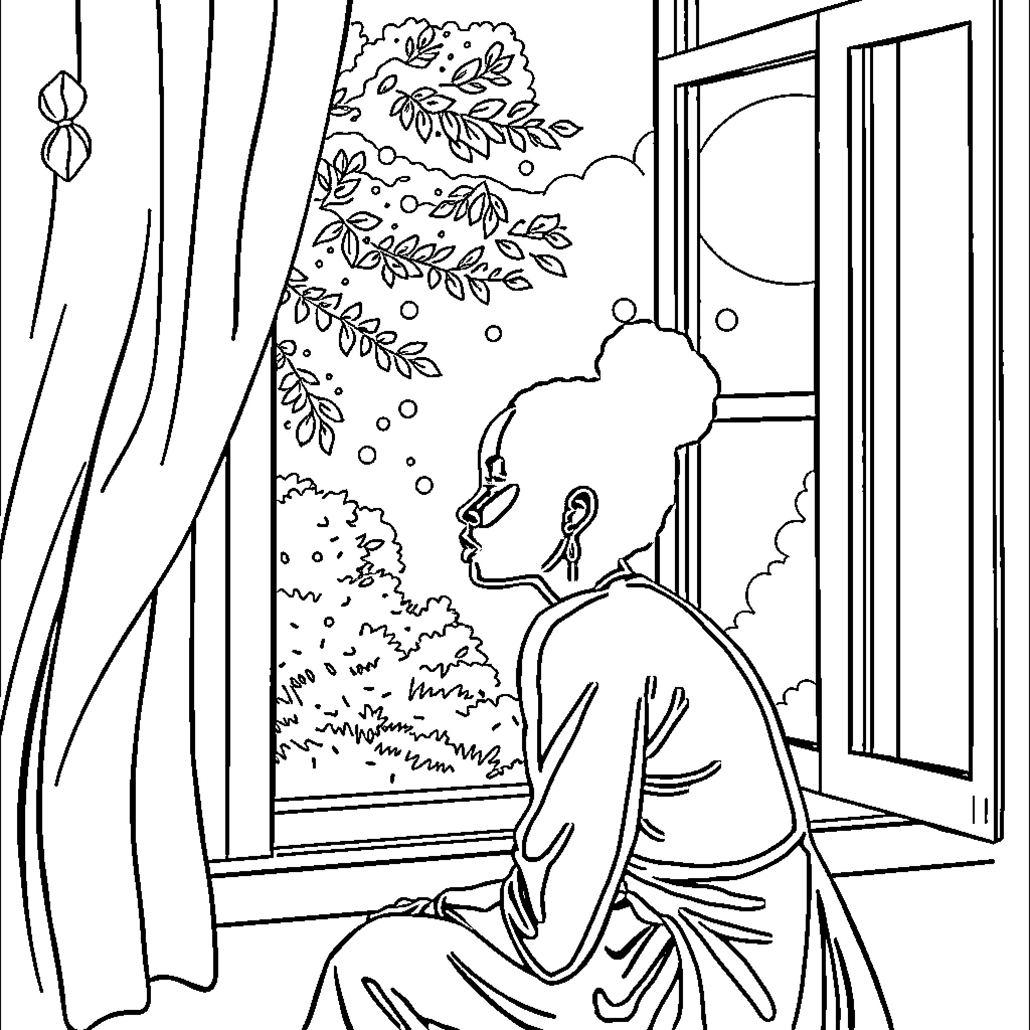 Woman gazing out the window at nature Coloring Page (free black-and-white line drawing printable PDF for all, from beginners to advanced learners, including children, teens, adults, and seniors)