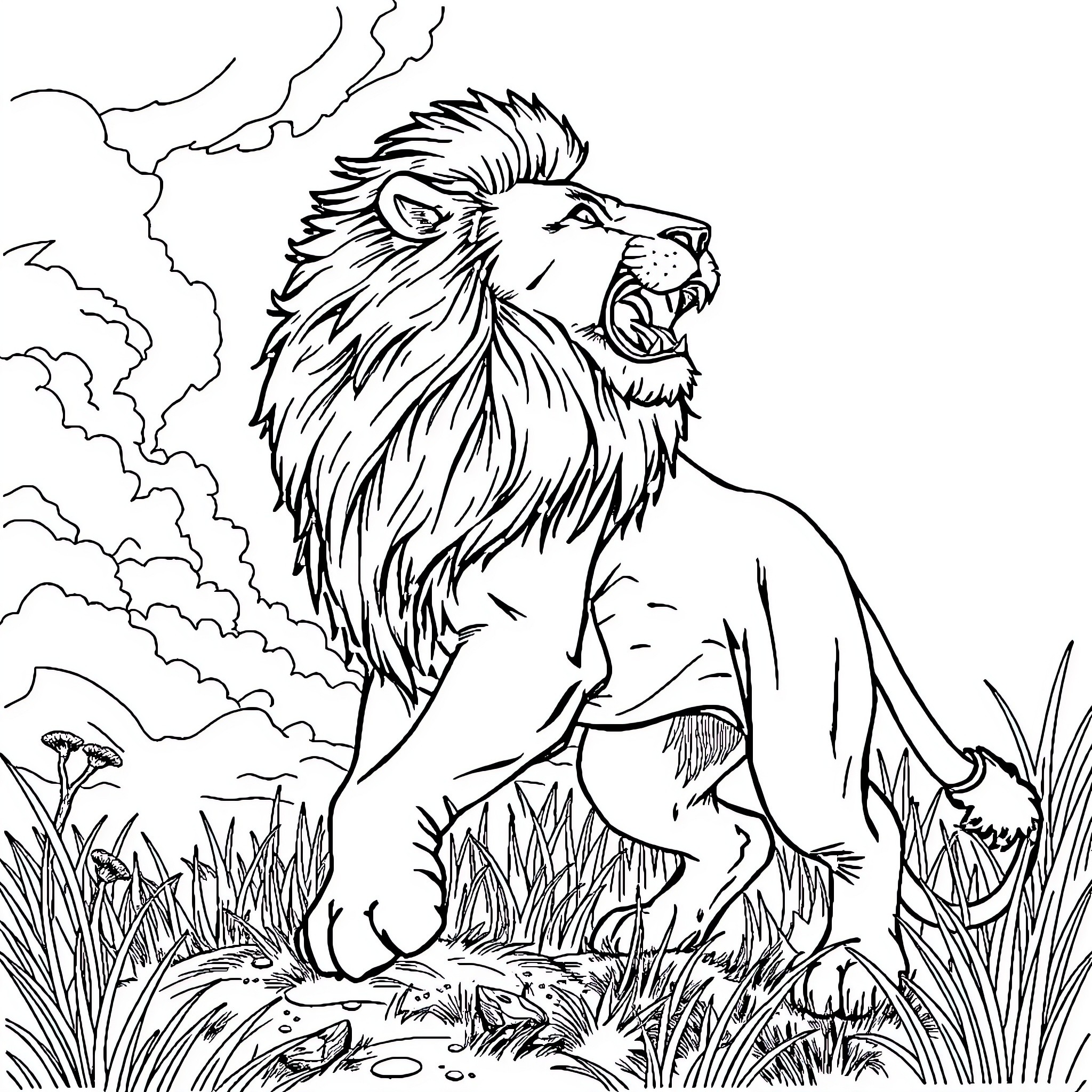 Lion Roaring Fiercely in the Wild Landscape Coloring Page (free black-and-white line drawing printable PDF for all, from beginners to advanced learners, including children, teens, adults, and seniors)