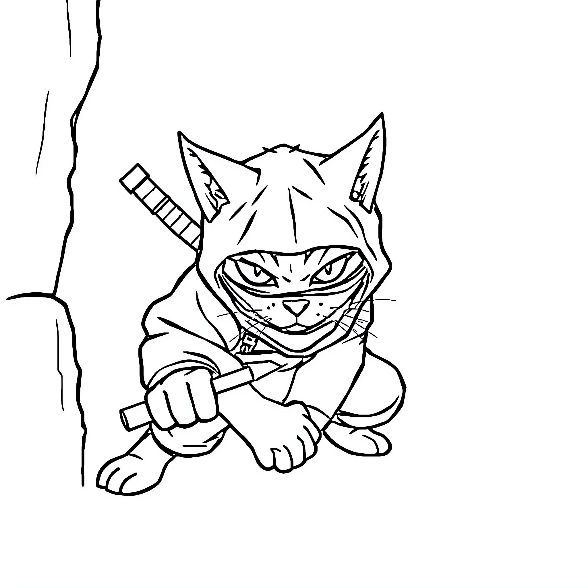 Ninja Cat Wielding Weapons in the Shadows Coloring Page (free black-and-white line drawing printable PDF for all, from beginners to advanced learners, including children, teens, adults, and seniors)