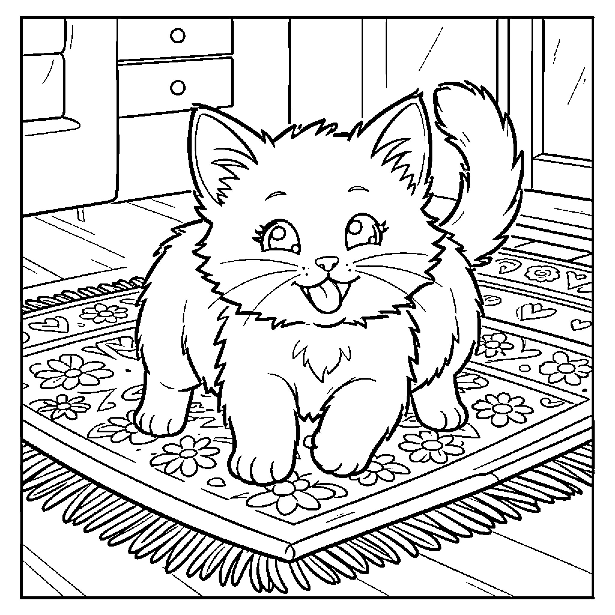 Kitty playing on a floral rug Coloring Page (free black-and-white line drawing printable PDF for all, from beginners to advanced learners, including children, teens, adults, and seniors)