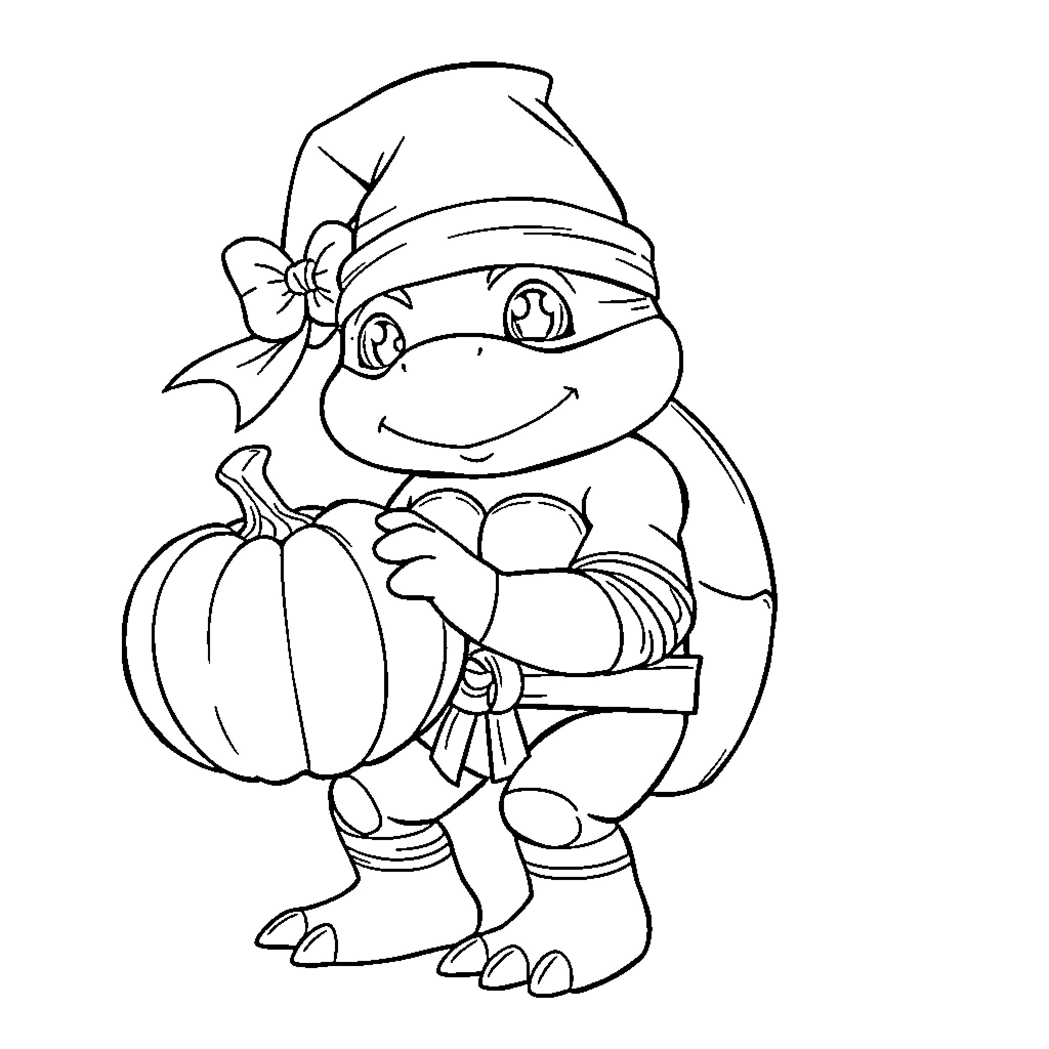 Ninja Turtle carrying a pumpkin in autumn outfit Coloring Page (free black-and-white line drawing printable PDF for all, from beginners to advanced learners, including children, teens, adults, and seniors)
