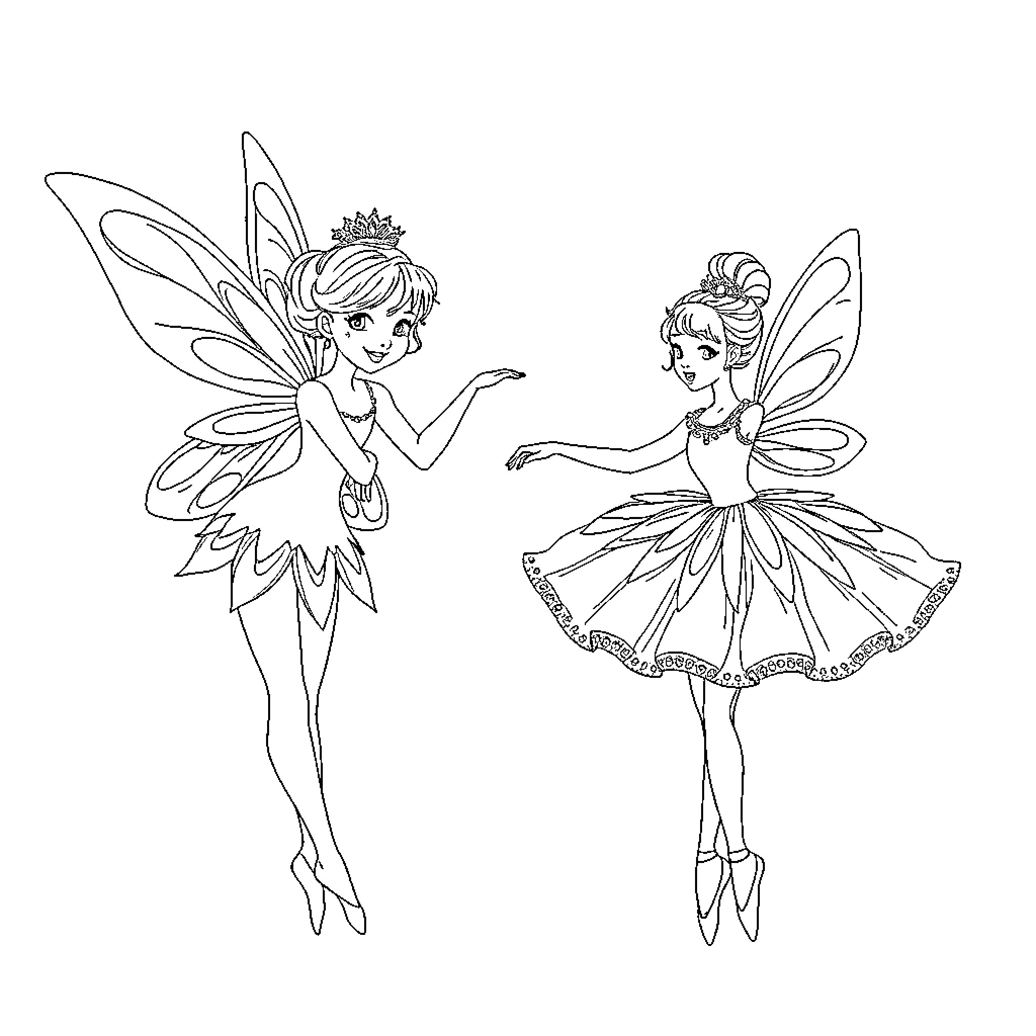 Fairy Dancers in Elegant Attire Coloring Page (free black-and-white line drawing printable PDF for all, from beginners to advanced learners, including children, teens, adults, and seniors)