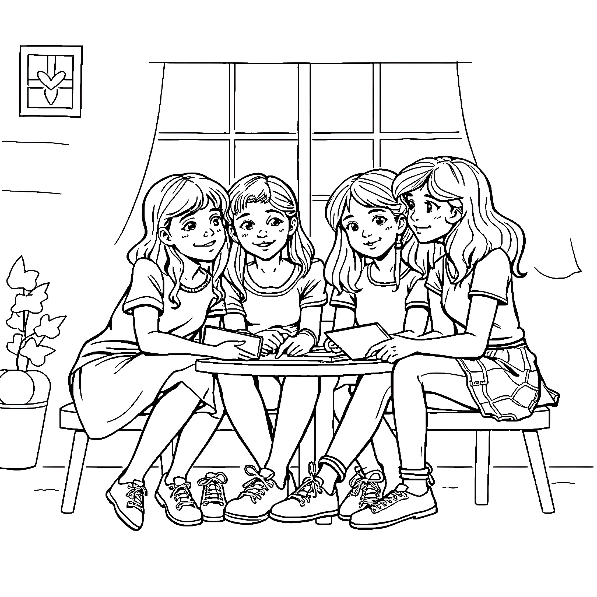 Baby Sitter Enjoying Time with Friends Coloring Page (free black-and-white line drawing printable PDF for all, from beginners to advanced learners, including children, teens, adults, and seniors)