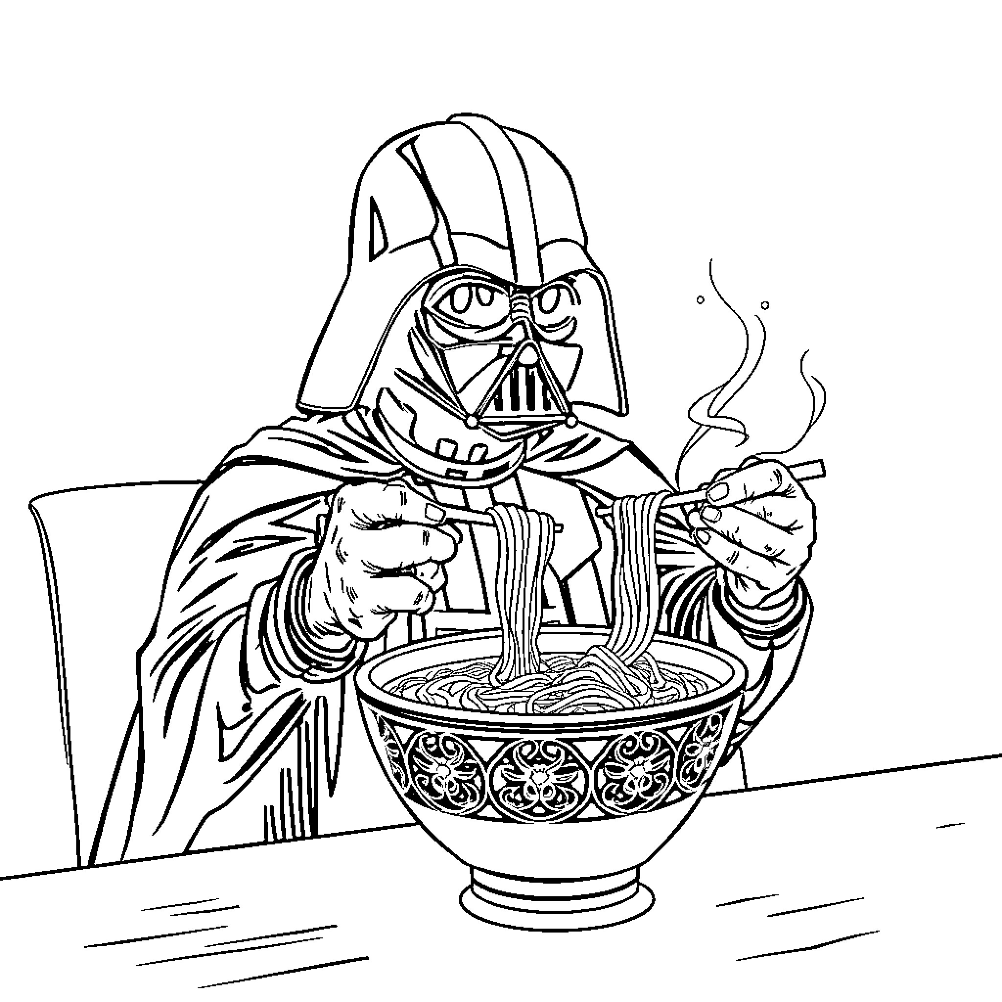 Darth Vader enjoying a hearty meal Coloring Page (free black-and-white line drawing printable PDF for all, from beginners to advanced learners, including children, teens, adults, and seniors)