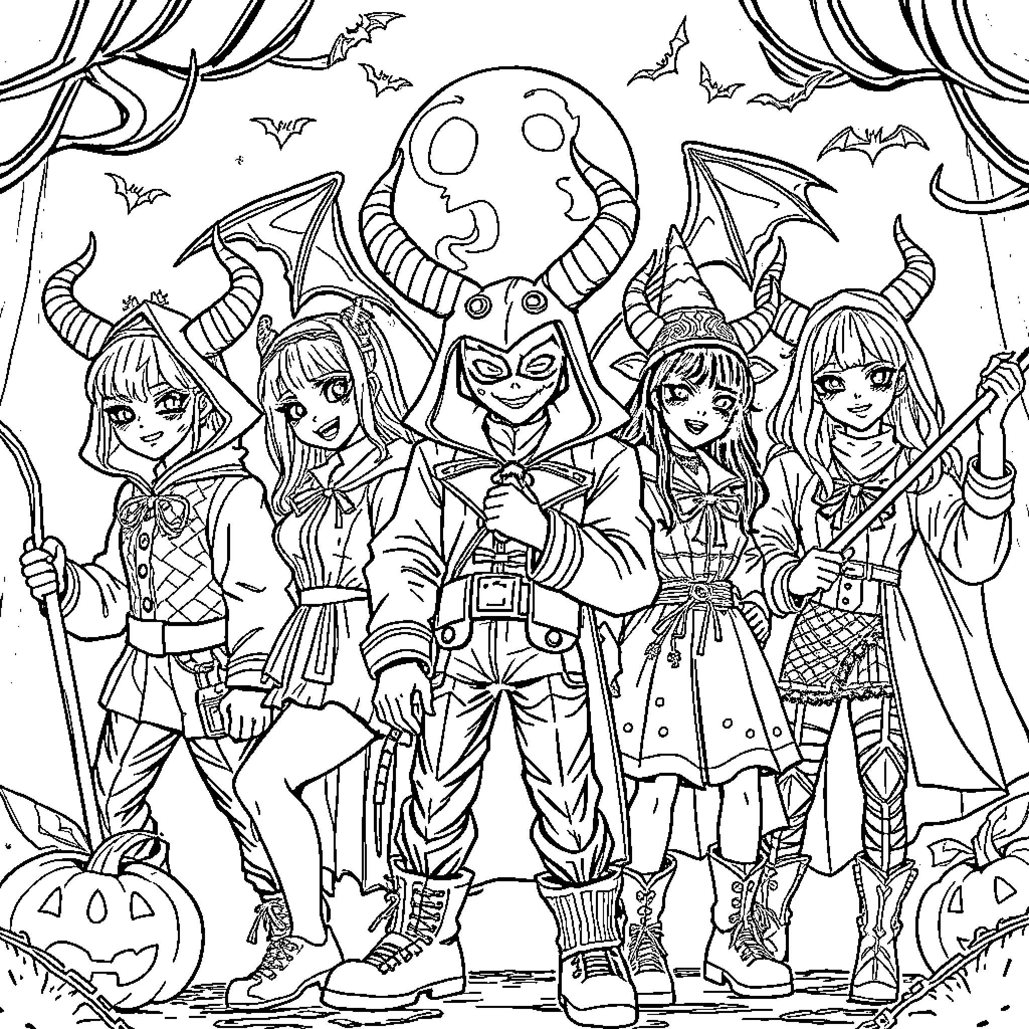 Demon Hunter Heroines in Spooky Halloween Costumes Coloring Page (free black-and-white line drawing printable PDF for all, from beginners to advanced learners, including children, teens, adults, and seniors)