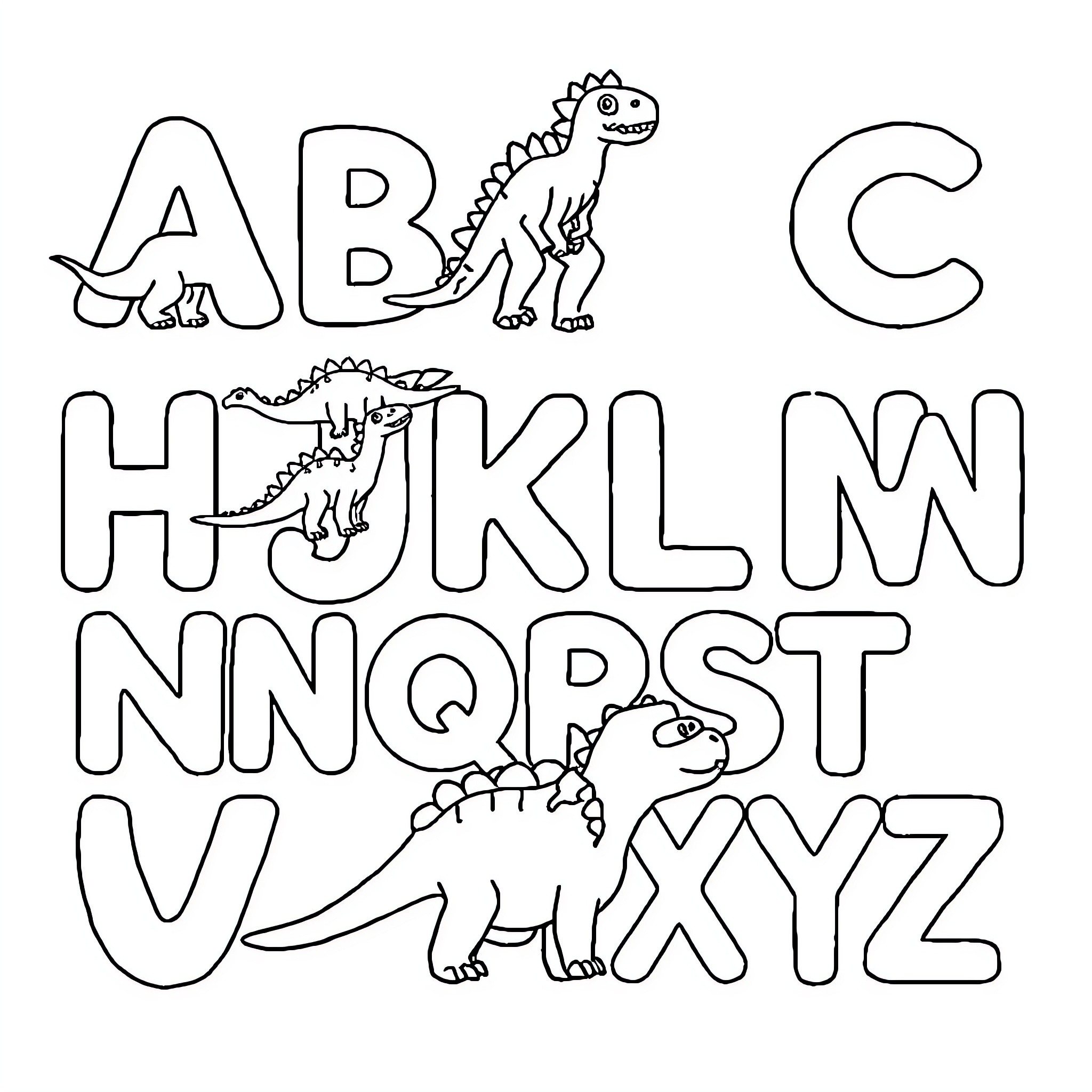 Dinosaur alphabet with playful dinosaur illustrations Coloring Page (free black-and-white line drawing printable PDF for all, from beginners to advanced learners, including children, teens, adults, and seniors)