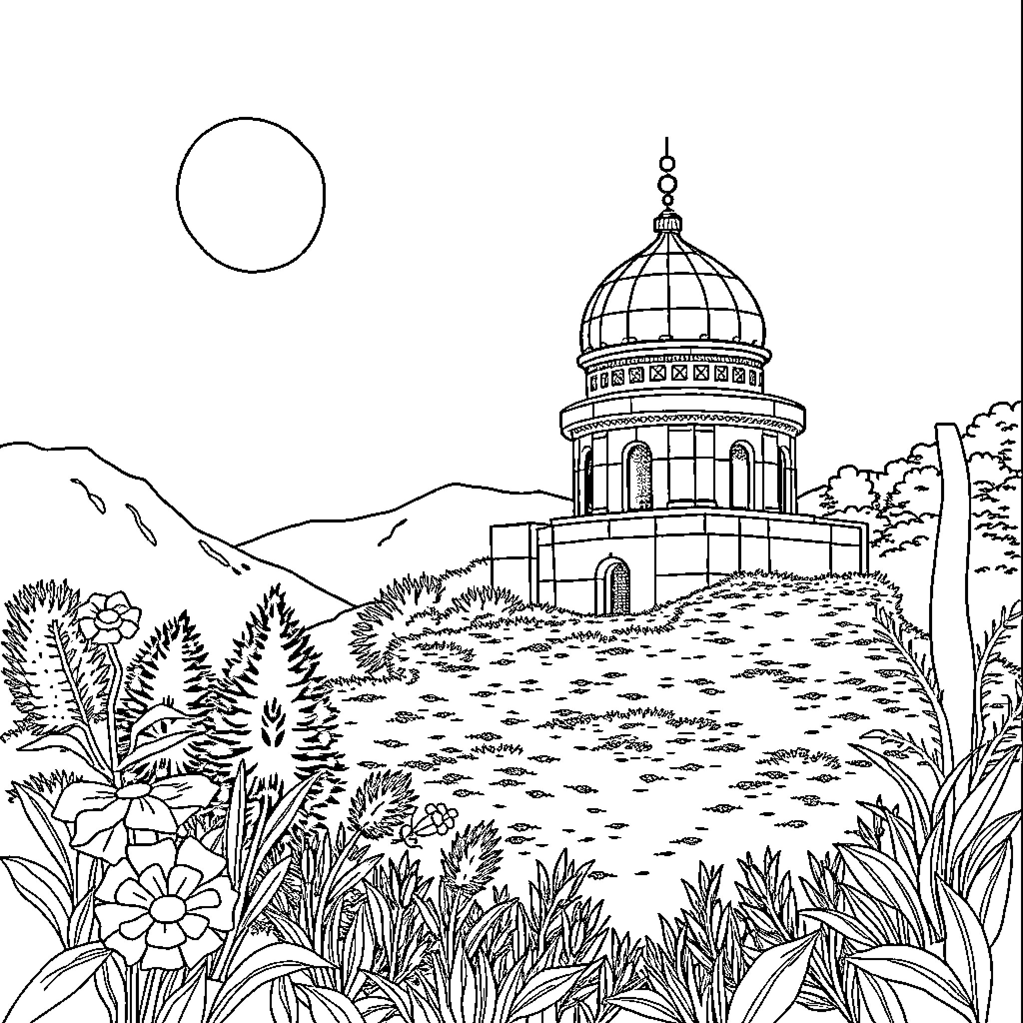 Dolphin exploring peaceful landscape with domed structure Coloring Page (free black-and-white line drawing printable PDF for all, from beginners to advanced learners, including children, teens, adults, and seniors)