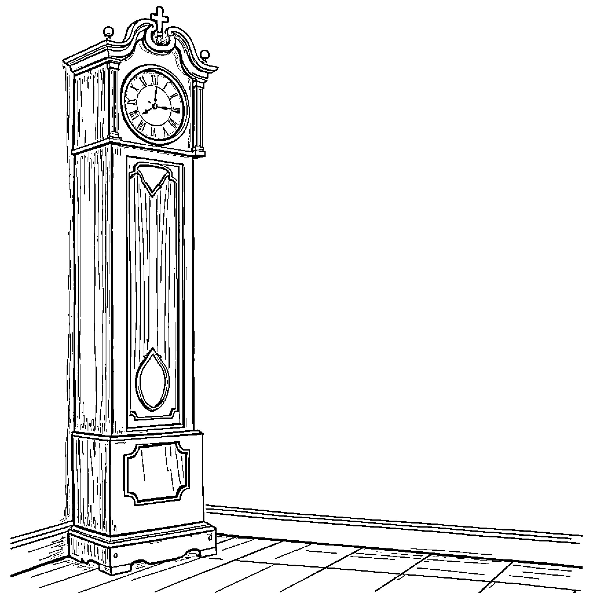 Grandfather Clock Standing Alone in Room Coloring Page (free black-and-white line drawing printable PDF for all, from beginners to advanced learners, including children, teens, adults, and seniors)