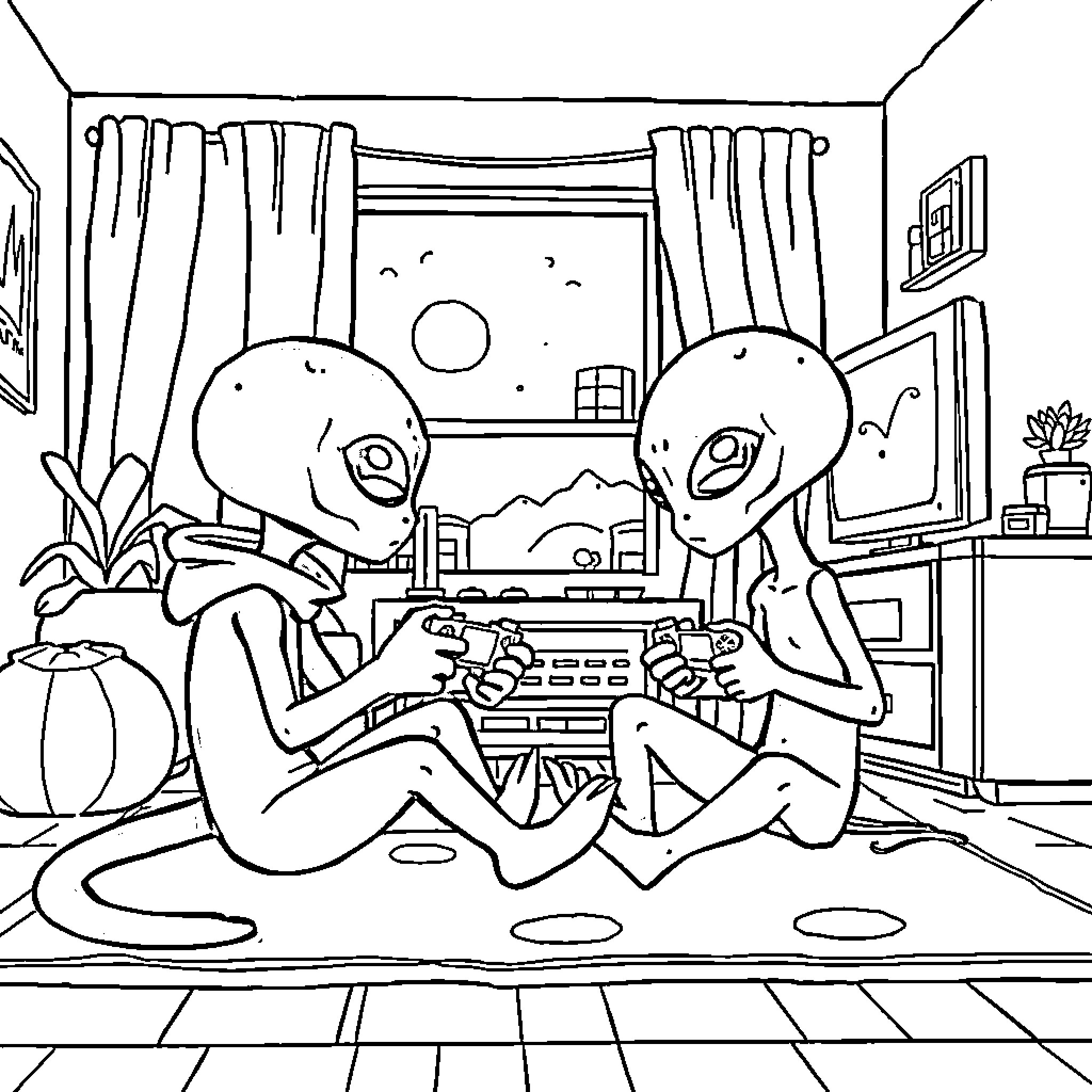 Alien friends playing video games together Coloring Page (free black-and-white line drawing printable PDF for all, from beginners to advanced learners, including children, teens, adults, and seniors)