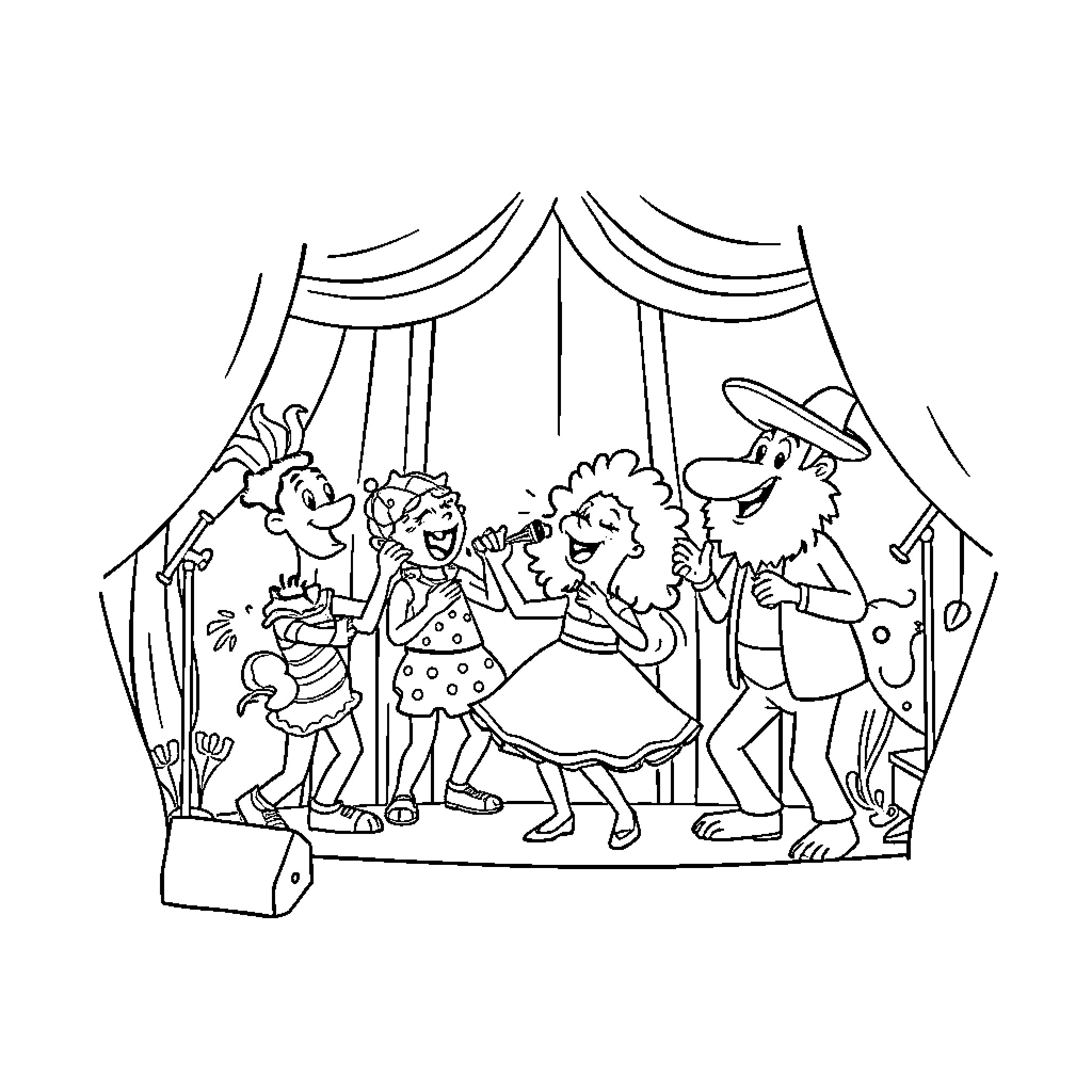 Flork characters performing on a stage Coloring Page (free black-and-white line drawing printable PDF for all, from beginners to advanced learners, including children, teens, adults, and seniors)
