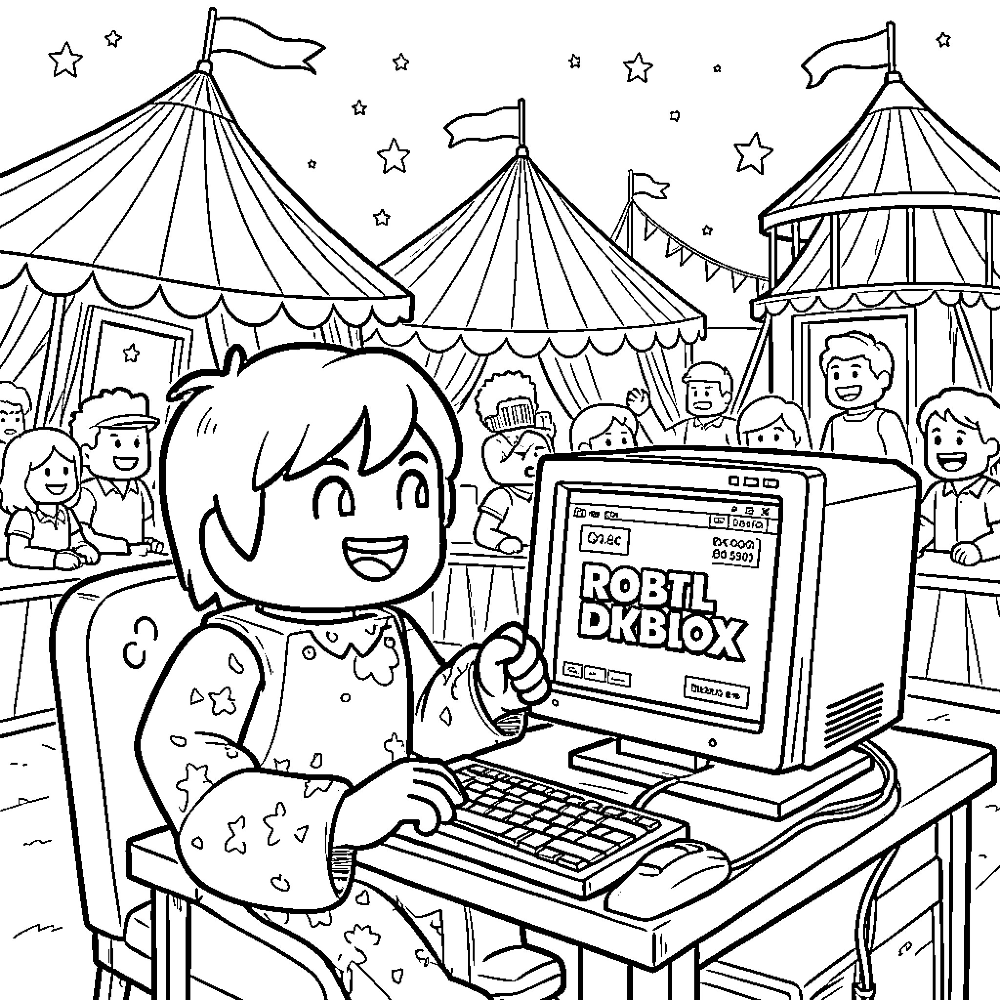 Pomni sitting at a desk using a computer Coloring Page (free black-and-white line drawing printable PDF for all, from beginners to advanced learners, including children, teens, adults, and seniors)