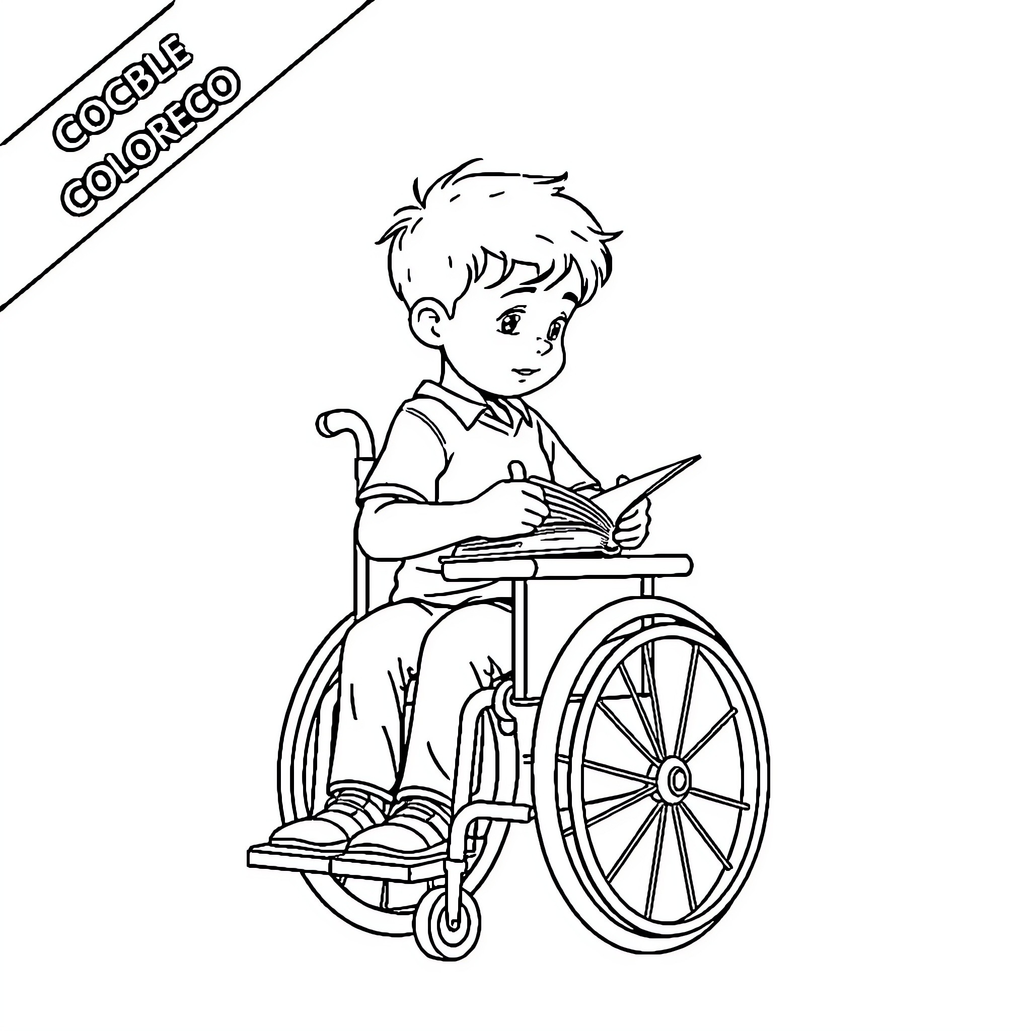 Boy in wheelchair reading a book Coloring Page (free black-and-white line drawing printable PDF for all, from beginners to advanced learners, including children, teens, adults, and seniors)