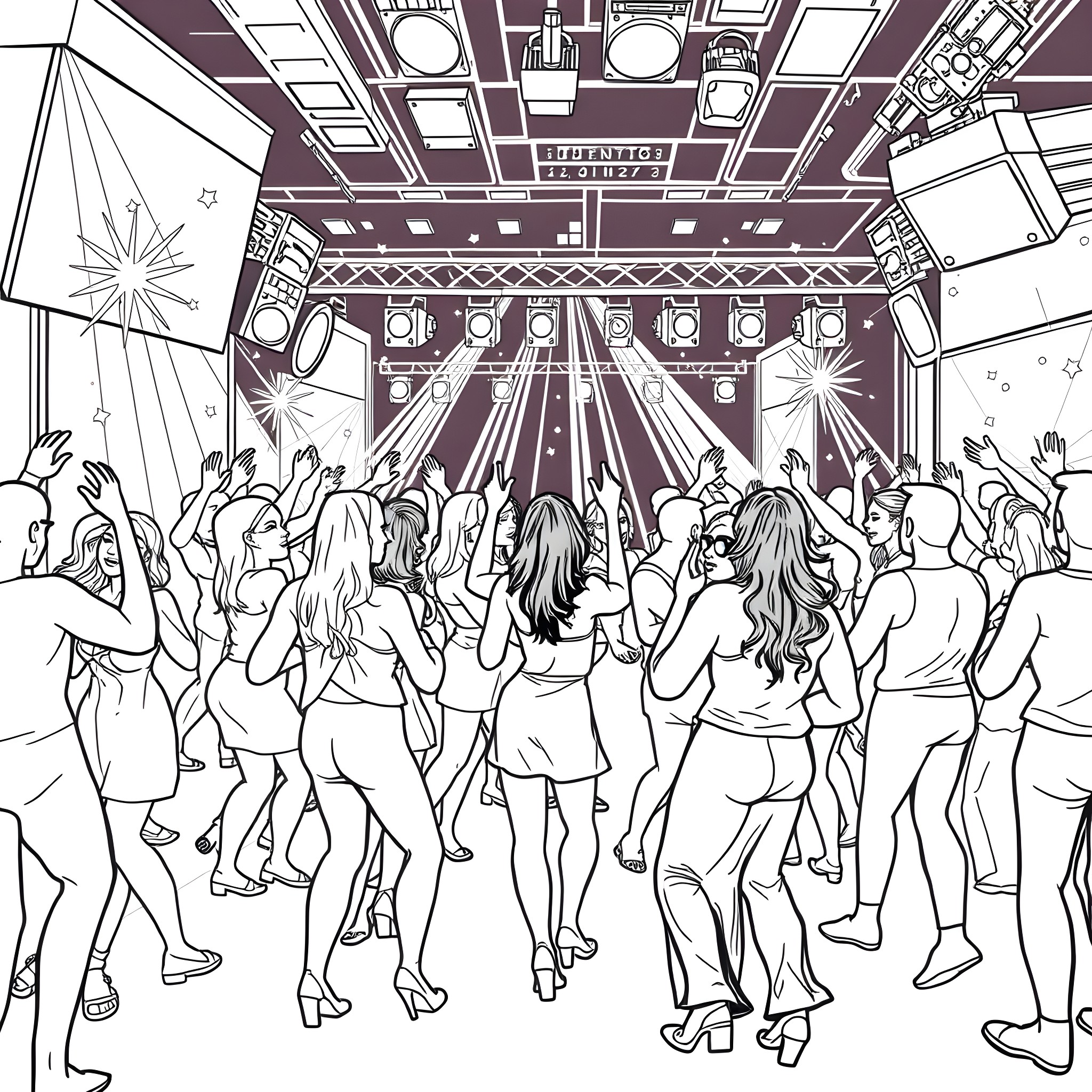 Bluely Energetic Dance Party at the Nightclub Coloring Page (free black-and-white line drawing printable PDF for all, from beginners to advanced learners, including children, teens, adults, and seniors)
