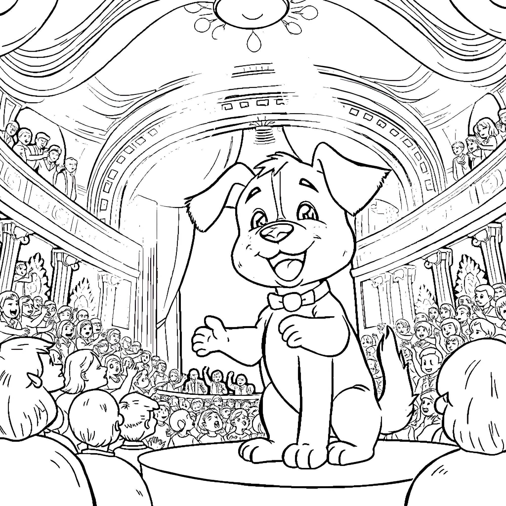 Bluey's Theatrical Performance Coloring Page (free black-and-white line drawing printable PDF for all, from beginners to advanced learners, including children, teens, adults, and seniors)