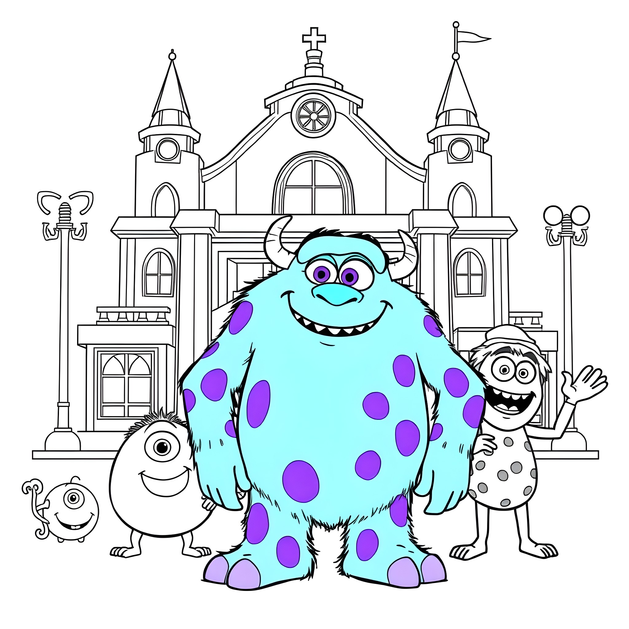 Sulley and his friends explore the colorful school Coloring Page (free black-and-white line drawing printable PDF for all, from beginners to advanced learners, including children, teens, adults, and seniors)