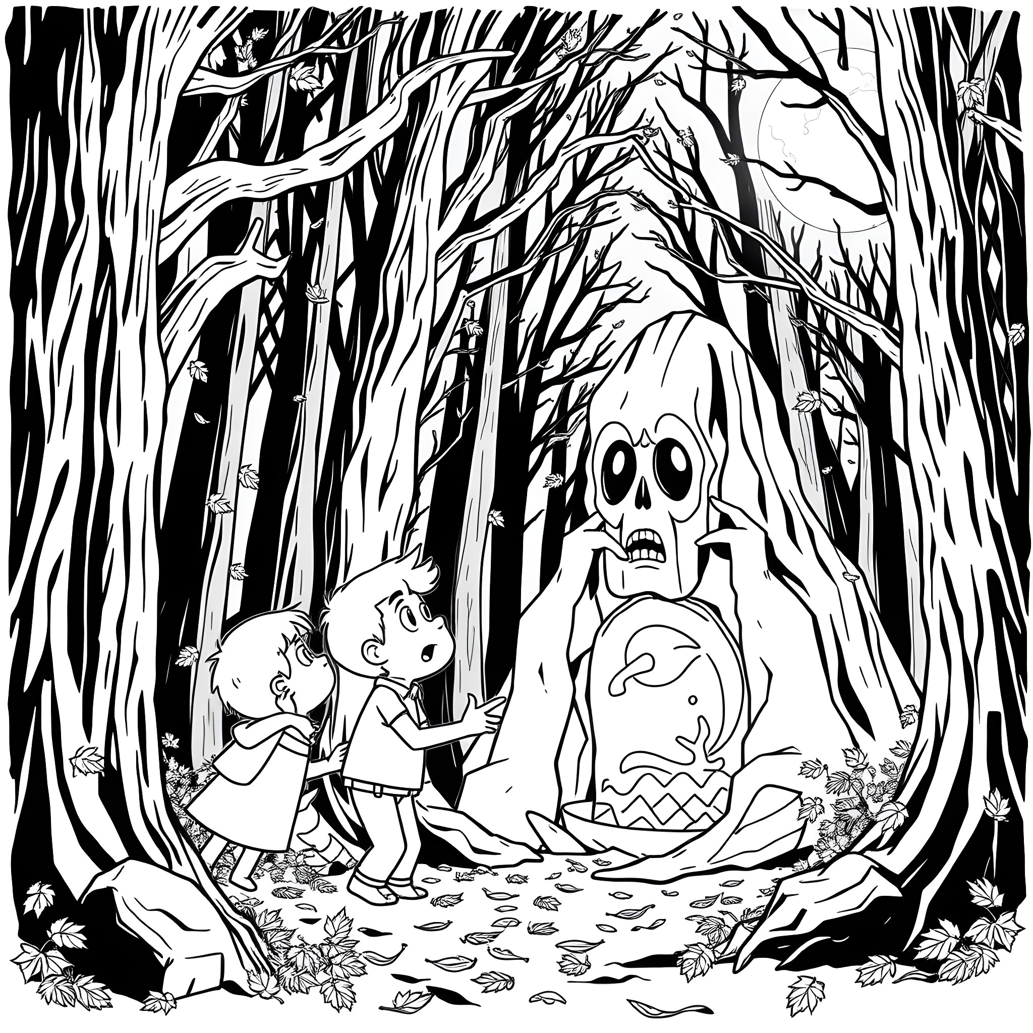 Dipper and Mabel exploring the mysterious forest Coloring Page (free black-and-white line drawing printable PDF for all, from beginners to advanced learners, including children, teens, adults, and seniors)