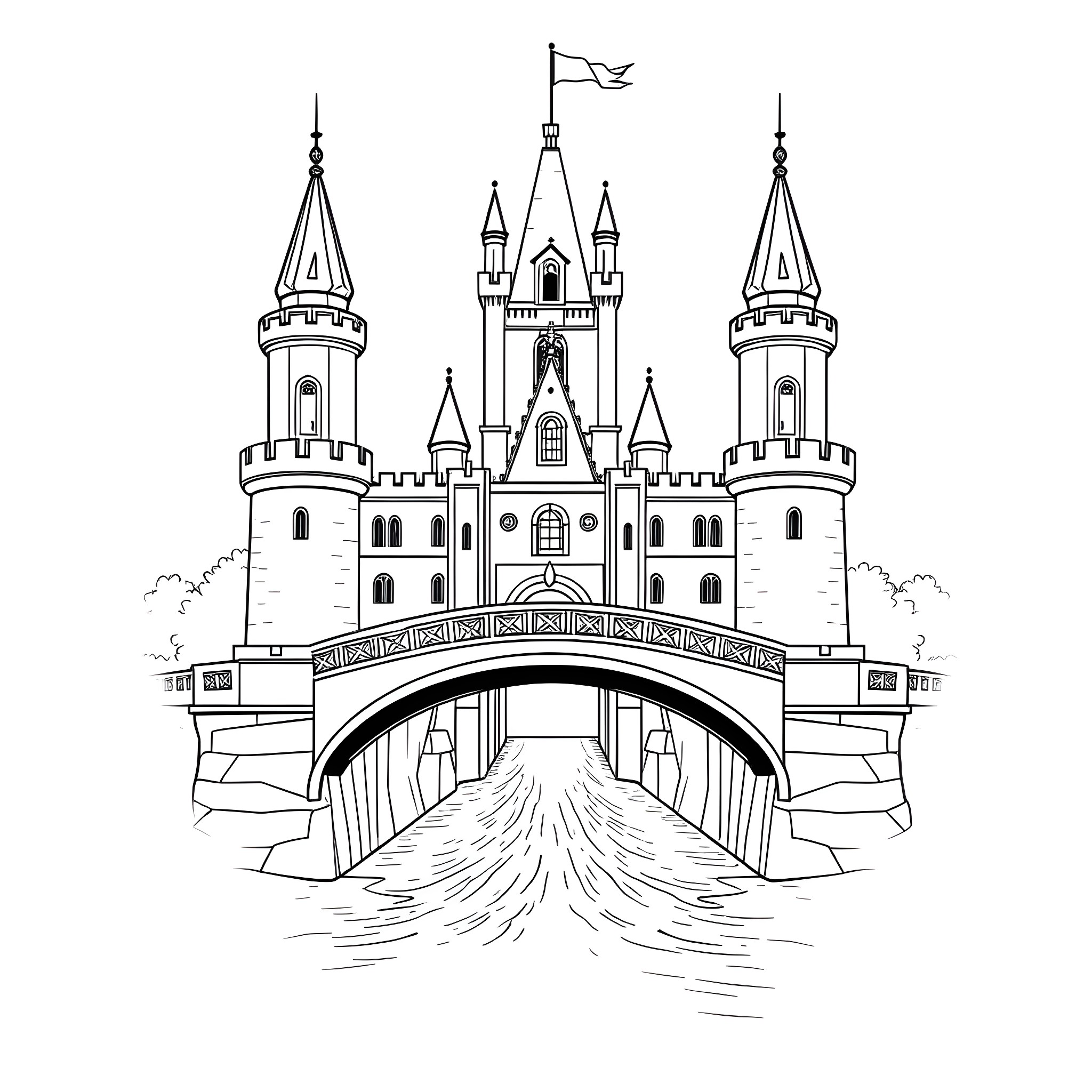 Castle with towers and a bridge Coloring Page (free black-and-white line drawing printable PDF for all, from beginners to advanced learners, including children, teens, adults, and seniors)