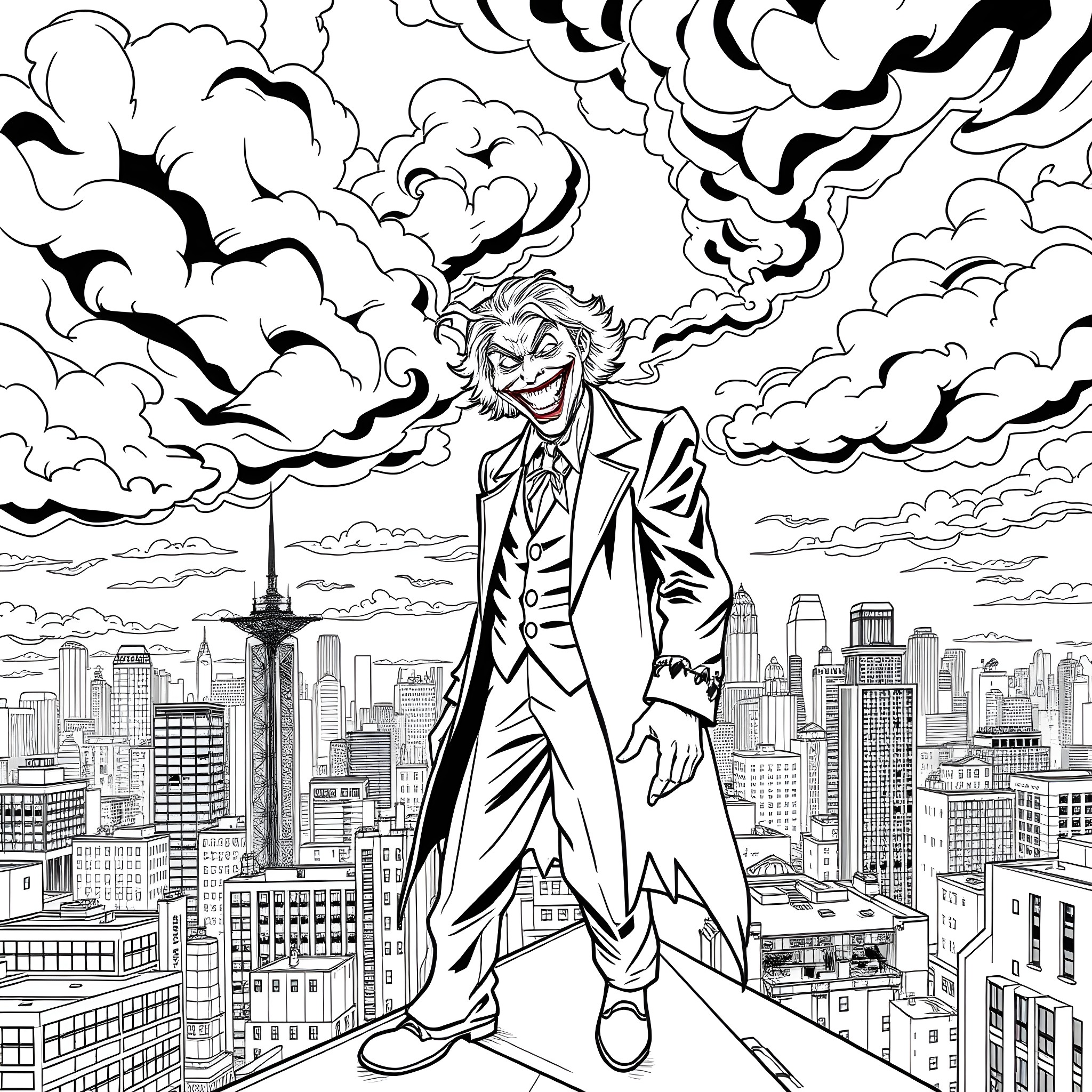 Joker laughing maniacally above the city Coloring Page (free black-and-white line drawing printable PDF for all, from beginners to advanced learners, including children, teens, adults, and seniors)