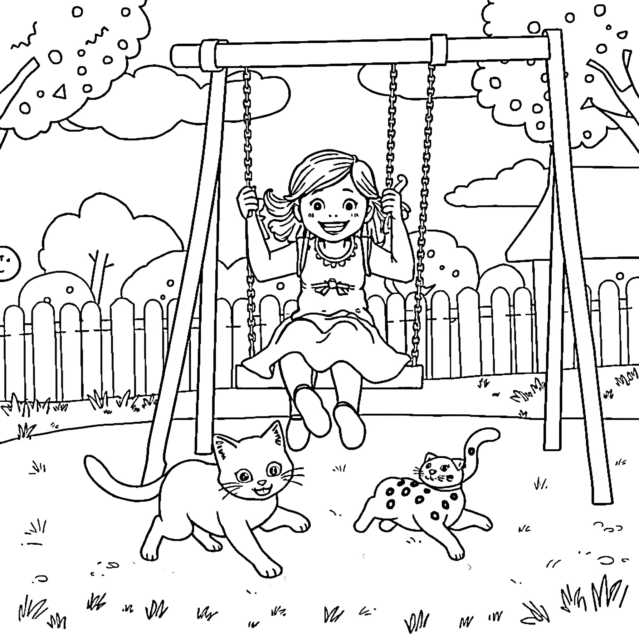 Girl happily swinging on a playground Coloring Page (free black-and-white line drawing printable PDF for all, from beginners to advanced learners, including children, teens, adults, and seniors)