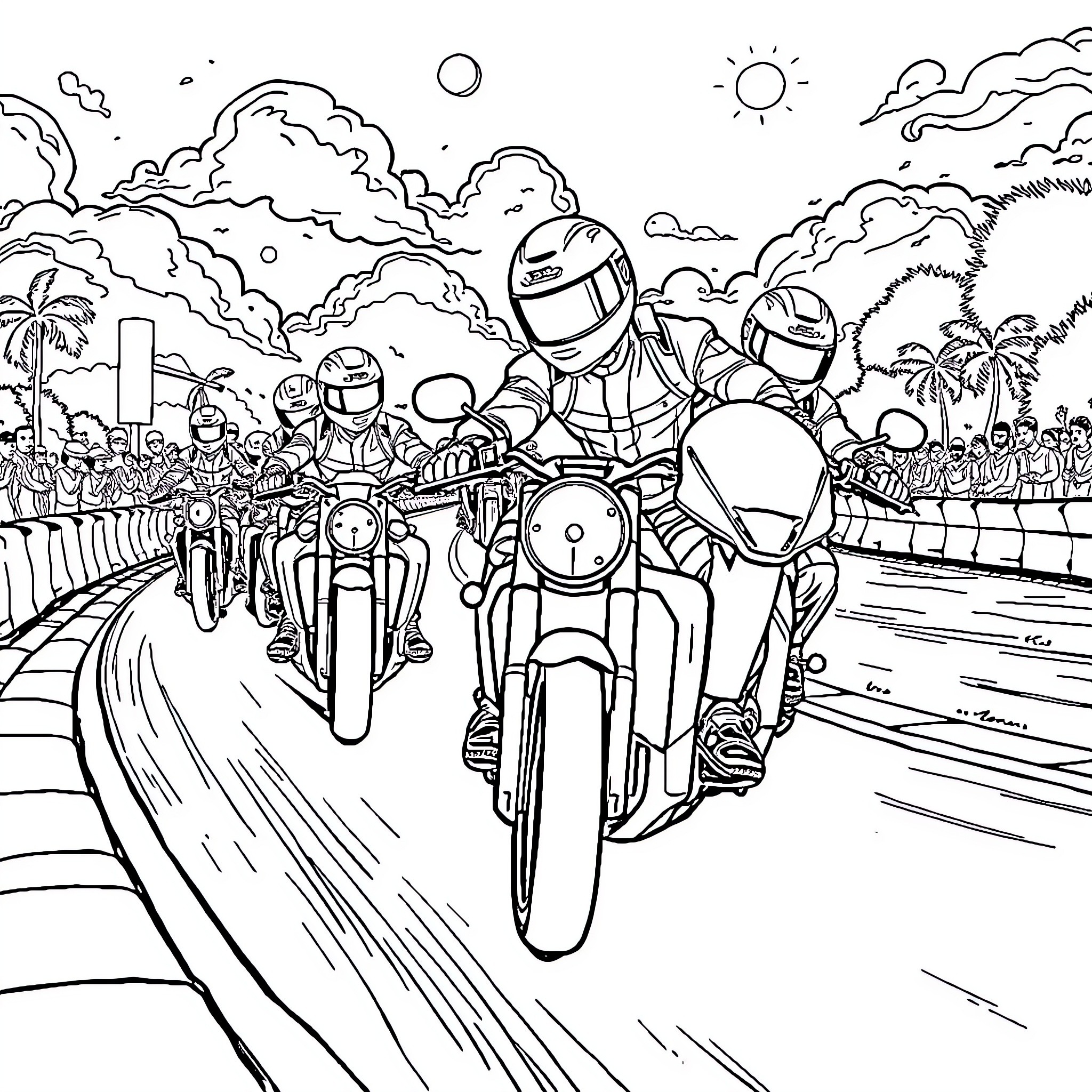 Motorcycle Racing Track: High-Speed Thrills and Intense Competition Coloring Page (free black-and-white line drawing printable PDF for all, from beginners to advanced learners, including children, teens, adults, and seniors)