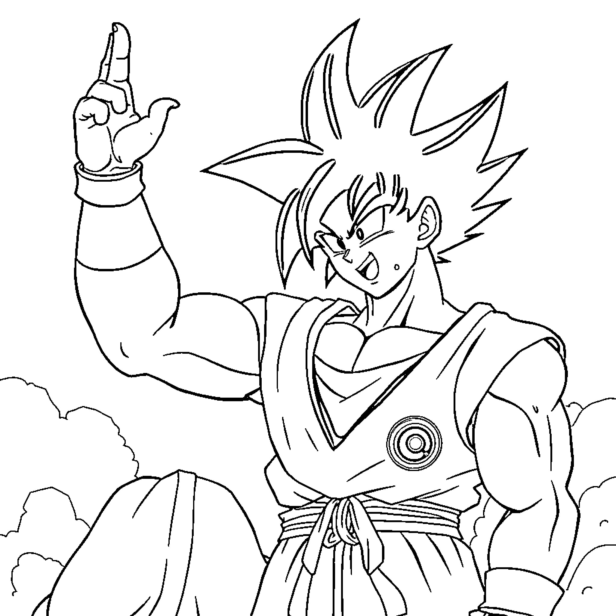 Vegueta's battle-ready stance in the clouds Coloring Page (free black-and-white line drawing printable PDF for all, from beginners to advanced learners, including children, teens, adults, and seniors)