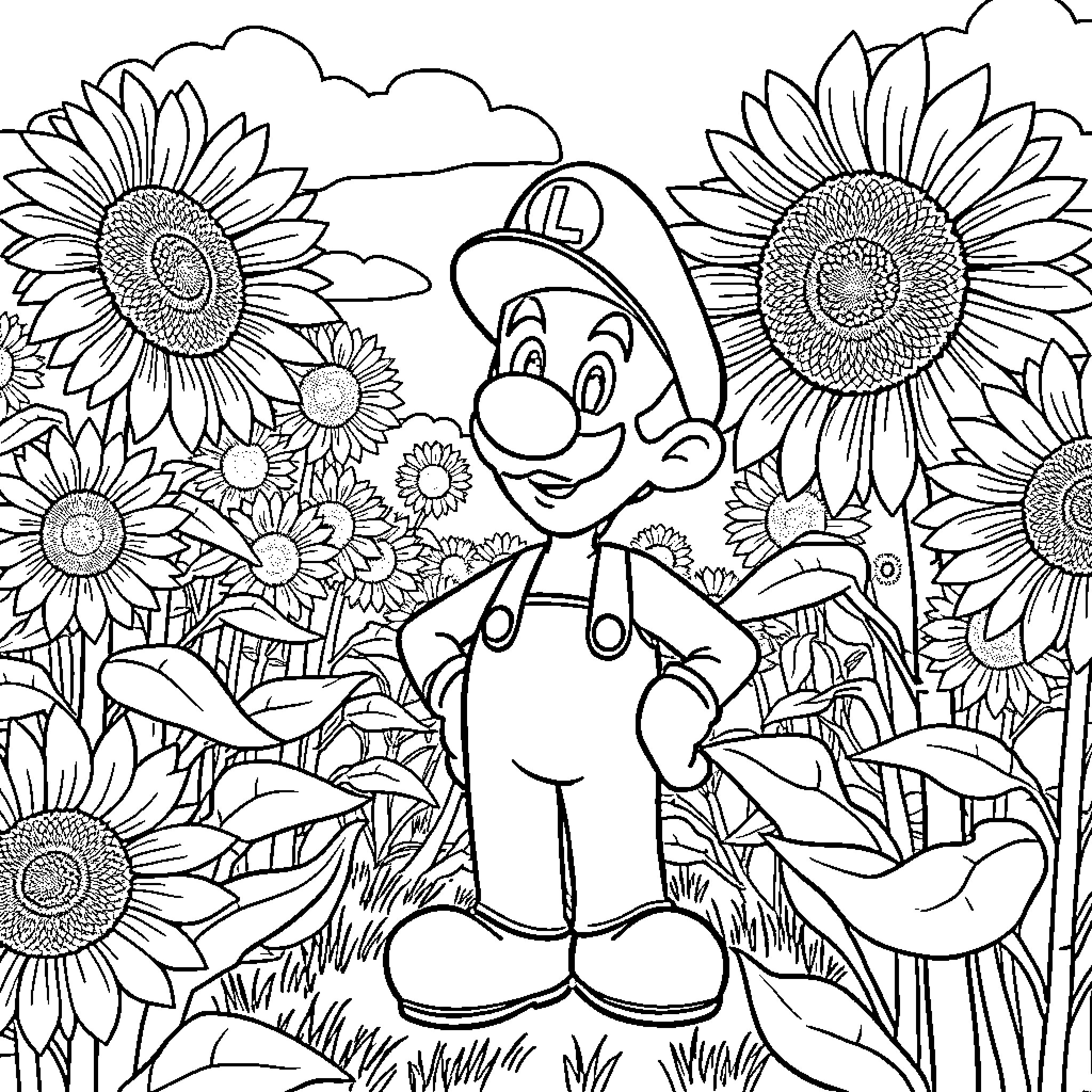 Luigi's Adventure in the Sunflower Garden Coloring Page (free black-and-white line drawing printable PDF for all, from beginners to advanced learners, including children, teens, adults, and seniors)