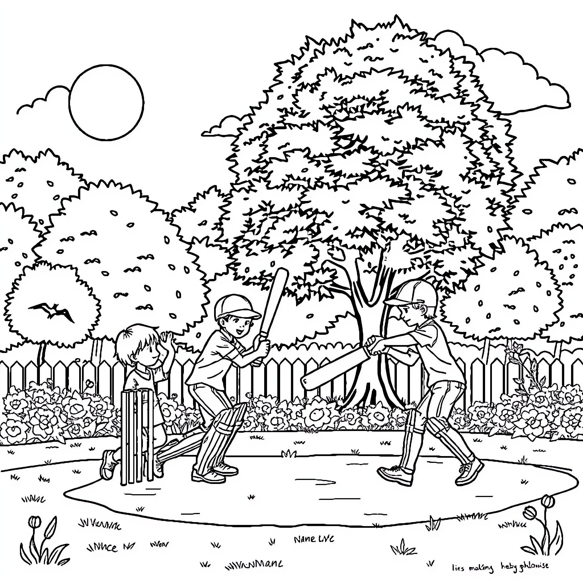 Cricket Players Engaged in Animated Match in Scenic Outdoor Setting Coloring Page (free black-and-white line drawing printable PDF for all, from beginners to advanced learners, including children, teens, adults, and seniors)
