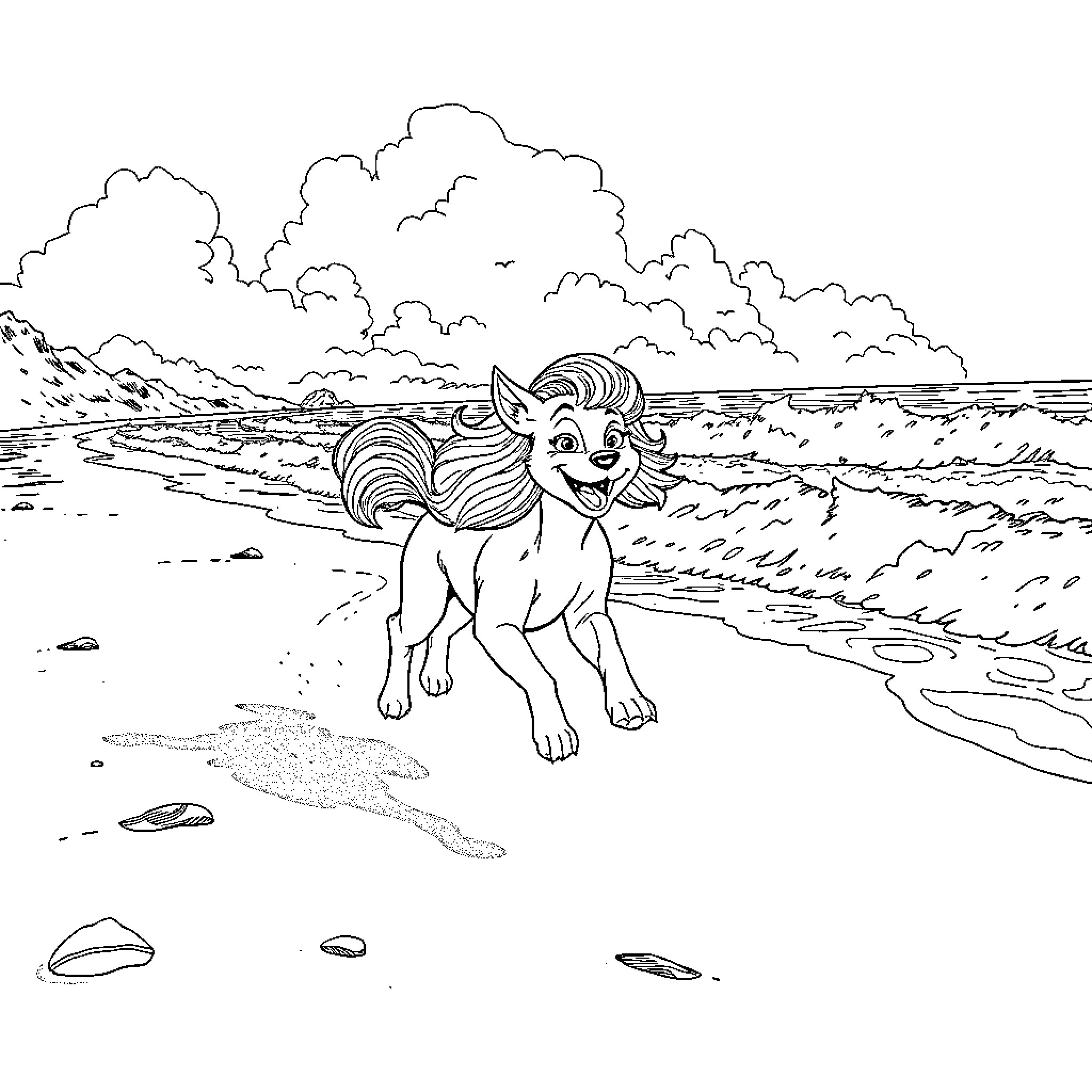 Rias Gremory playing joyfully on the beach Coloring Page (free black-and-white line drawing printable PDF for all, from beginners to advanced learners, including children, teens, adults, and seniors)
