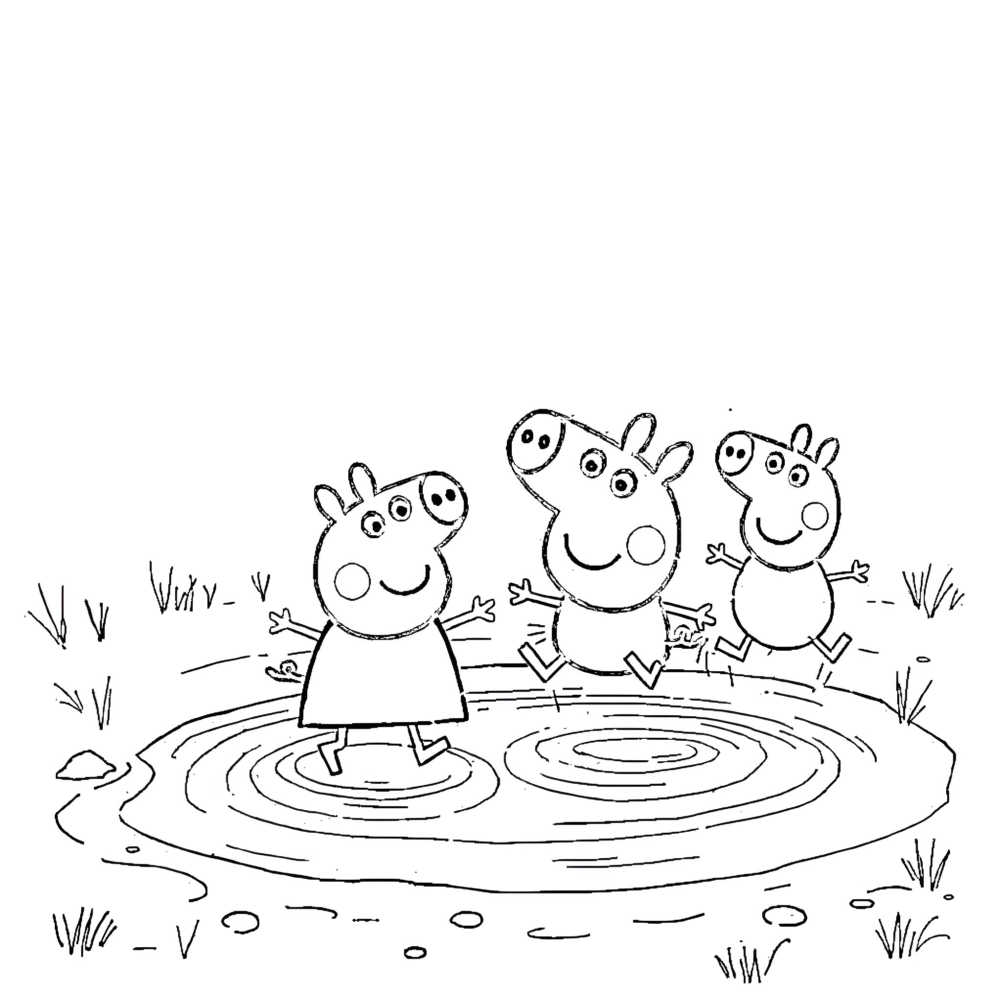 Peppa Pig and friends playing in puddles Coloring Page (free black-and-white line drawing printable PDF for all, from beginners to advanced learners, including children, teens, adults, and seniors)