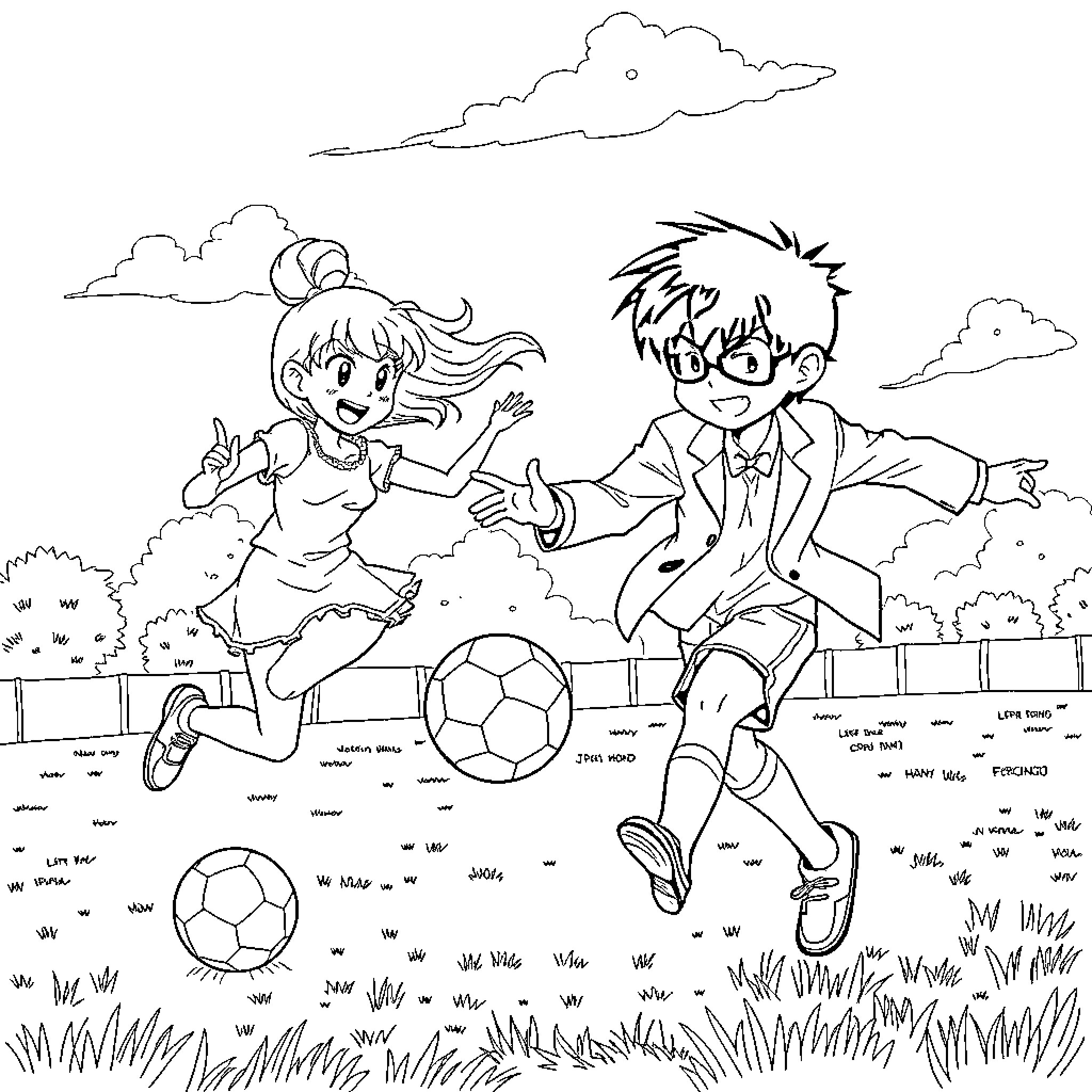 Ranma and Akane playing soccer in the park Coloring Page (free black-and-white line drawing printable PDF for all, from beginners to advanced learners, including children, teens, adults, and seniors)