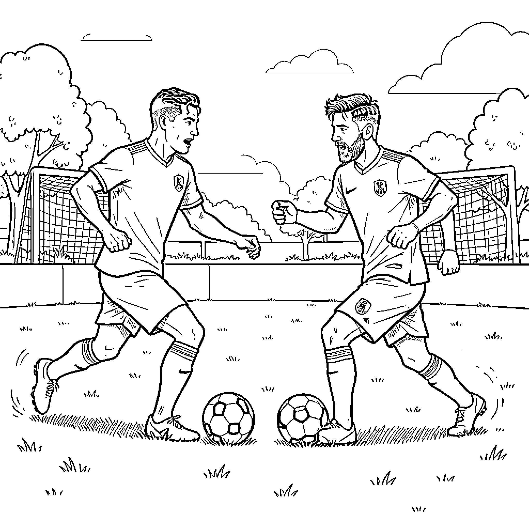 Ronaldo competing in a soccer match on the field Coloring Page (free black-and-white line drawing printable PDF for all, from beginners to advanced learners, including children, teens, adults, and seniors)