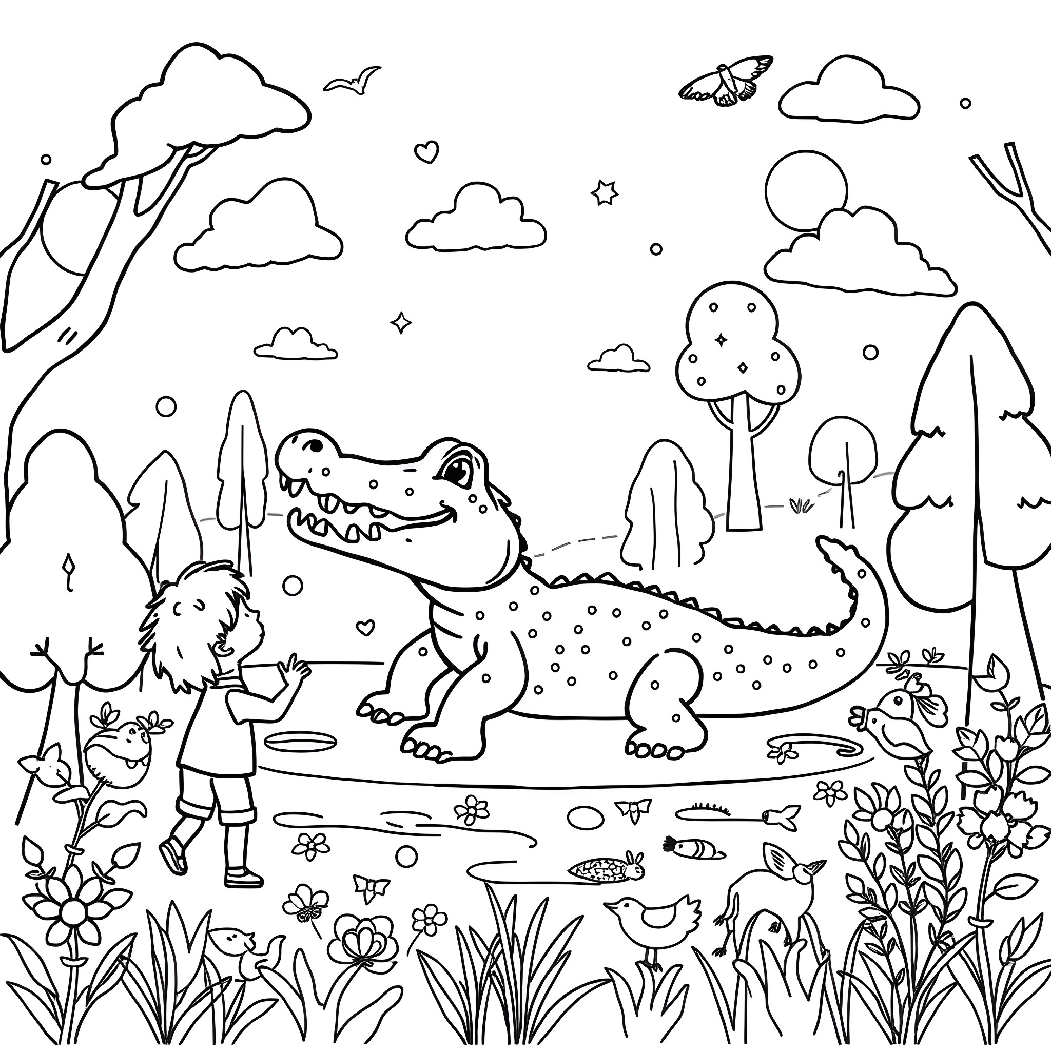 Alligator exploring the lush forest landscape Coloring Page (free black-and-white line drawing printable PDF for all, from beginners to advanced learners, including children, teens, adults, and seniors)
