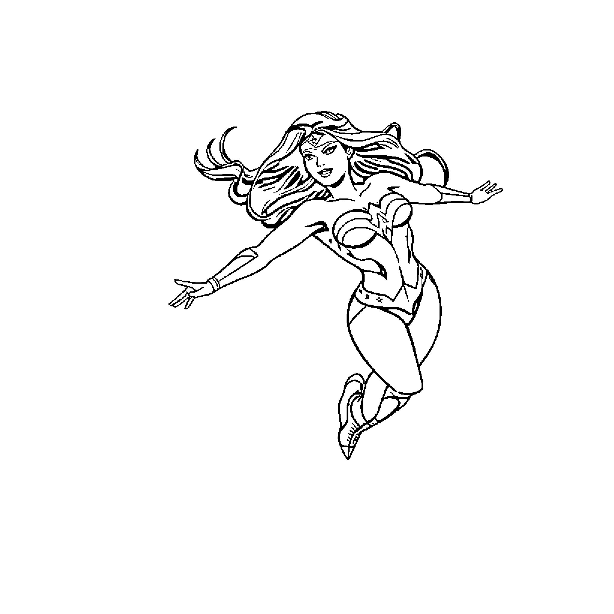 Superwoman in heroic action pose Coloring Page (free black-and-white line drawing printable PDF for all, from beginners to advanced learners, including children, teens, adults, and seniors)