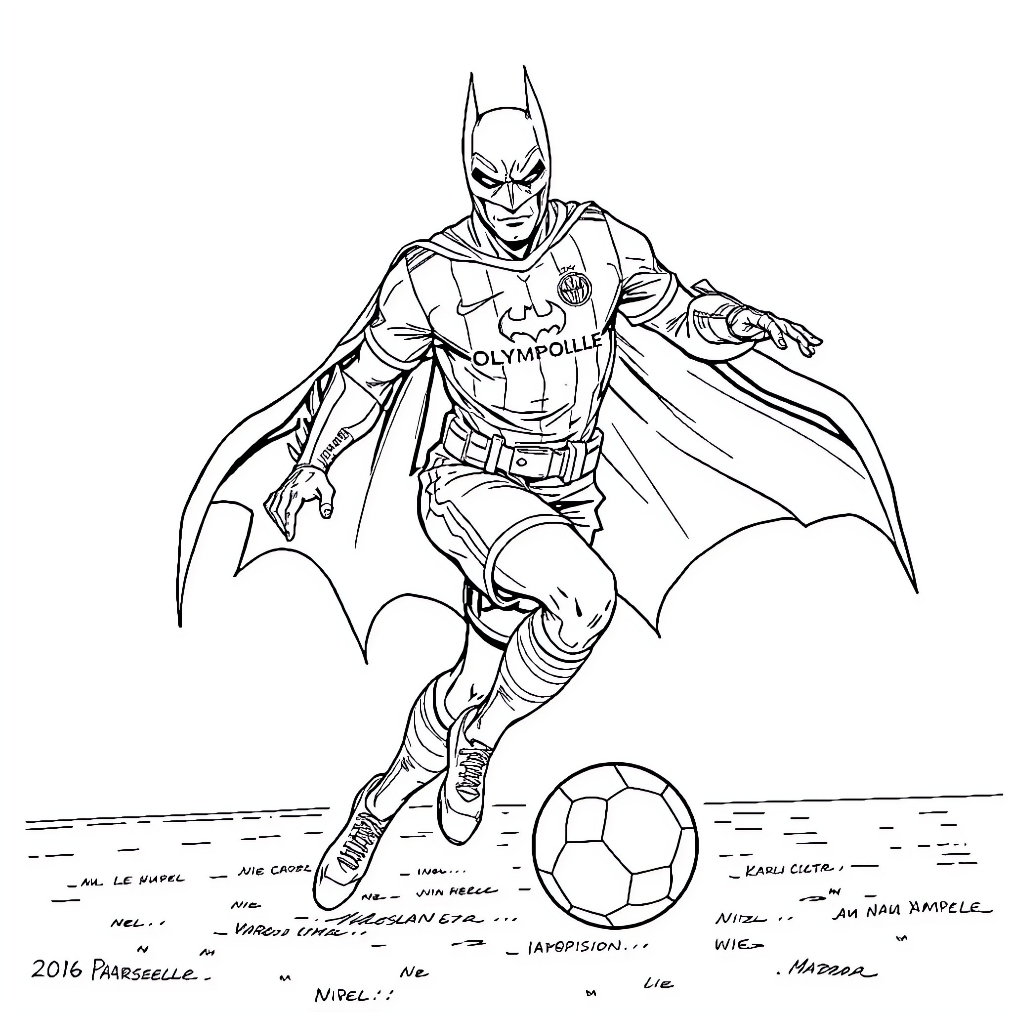 Batman playing soccer in Olympopolle uniform Coloring Page (free black-and-white line drawing printable PDF for all, from beginners to advanced learners, including children, teens, adults, and seniors)