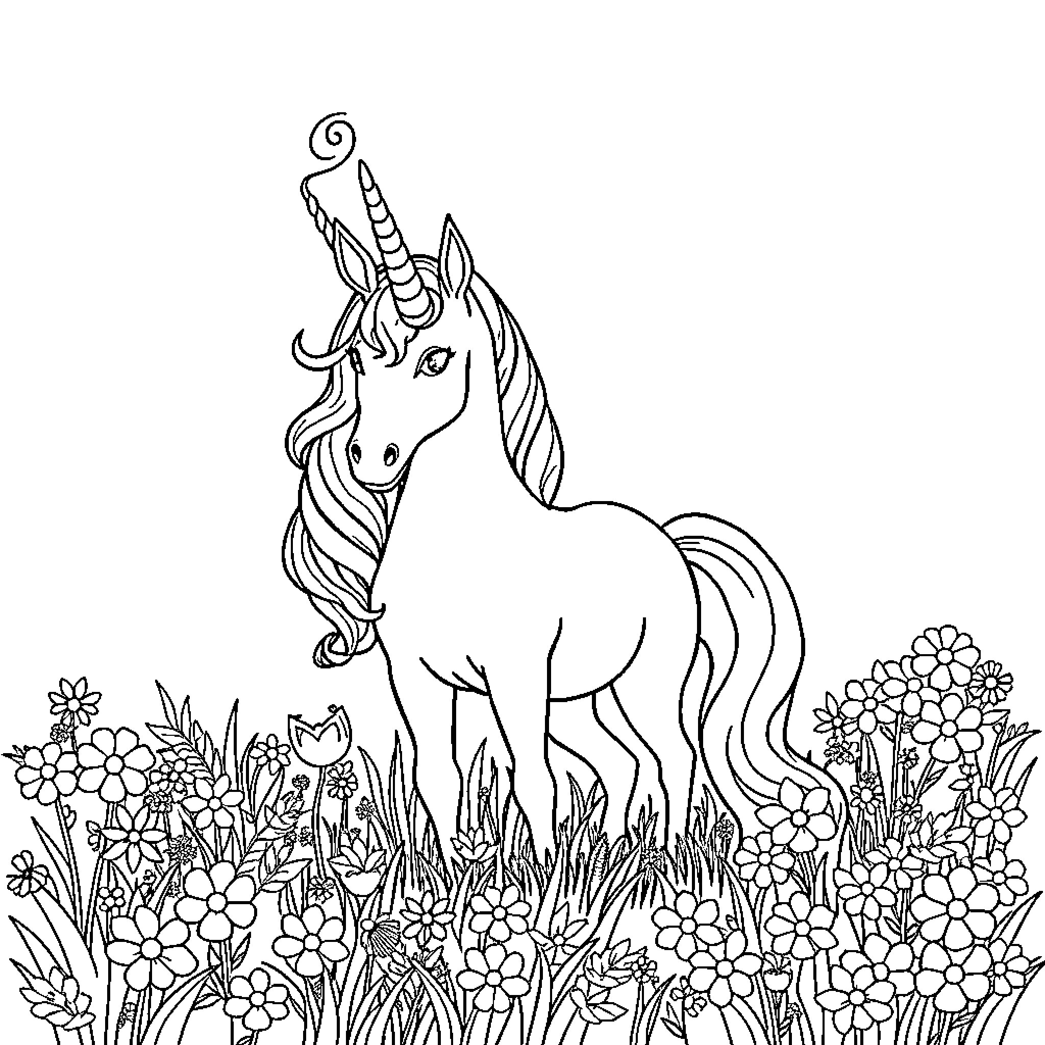 Unicorn standing amidst a field of flowers Coloring Page (free black-and-white line drawing printable PDF for all, from beginners to advanced learners, including children, teens, adults, and seniors)