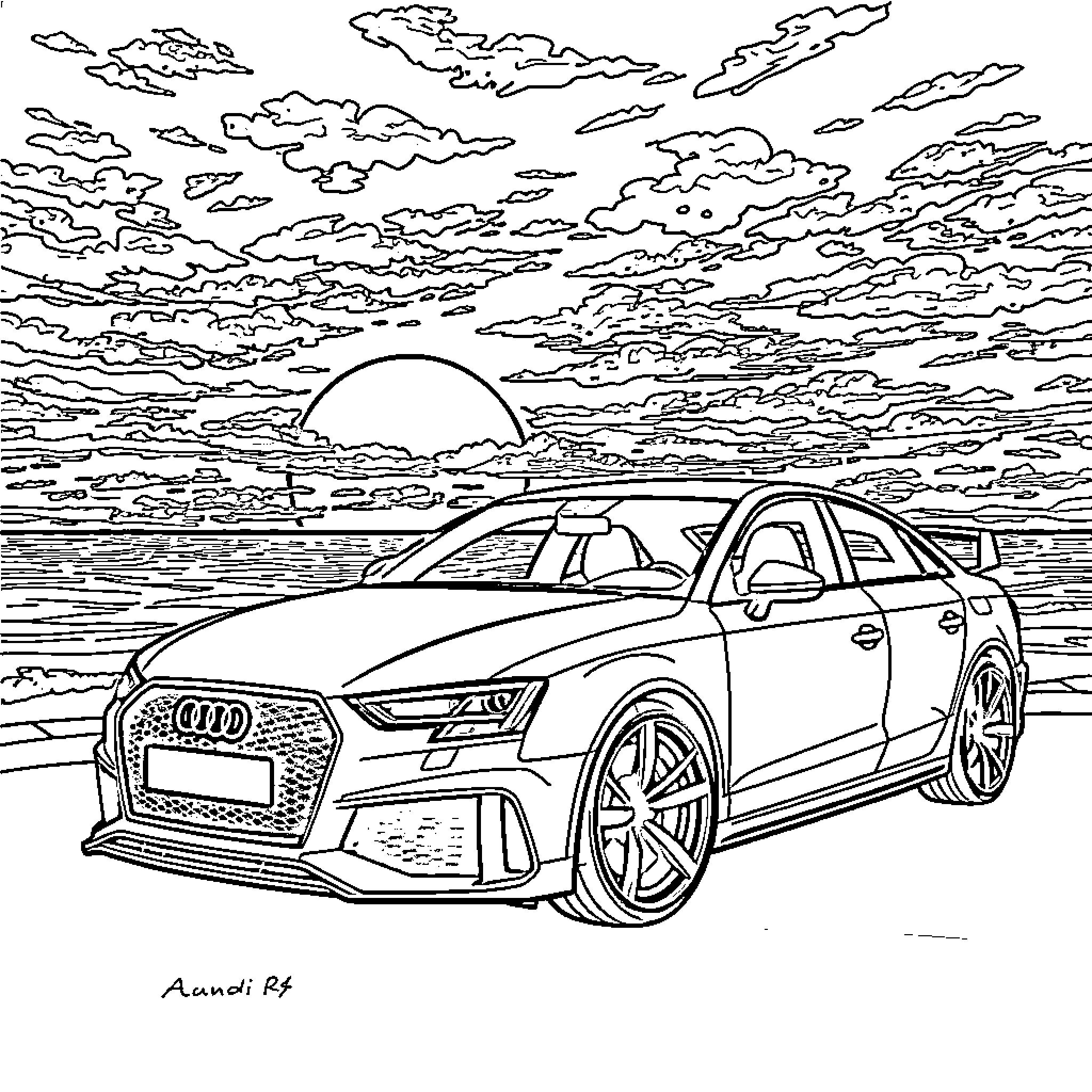 Audi car in scenic coastal landscape Coloring Page (free black-and-white line drawing printable PDF for all, from beginners to advanced learners, including children, teens, adults, and seniors)