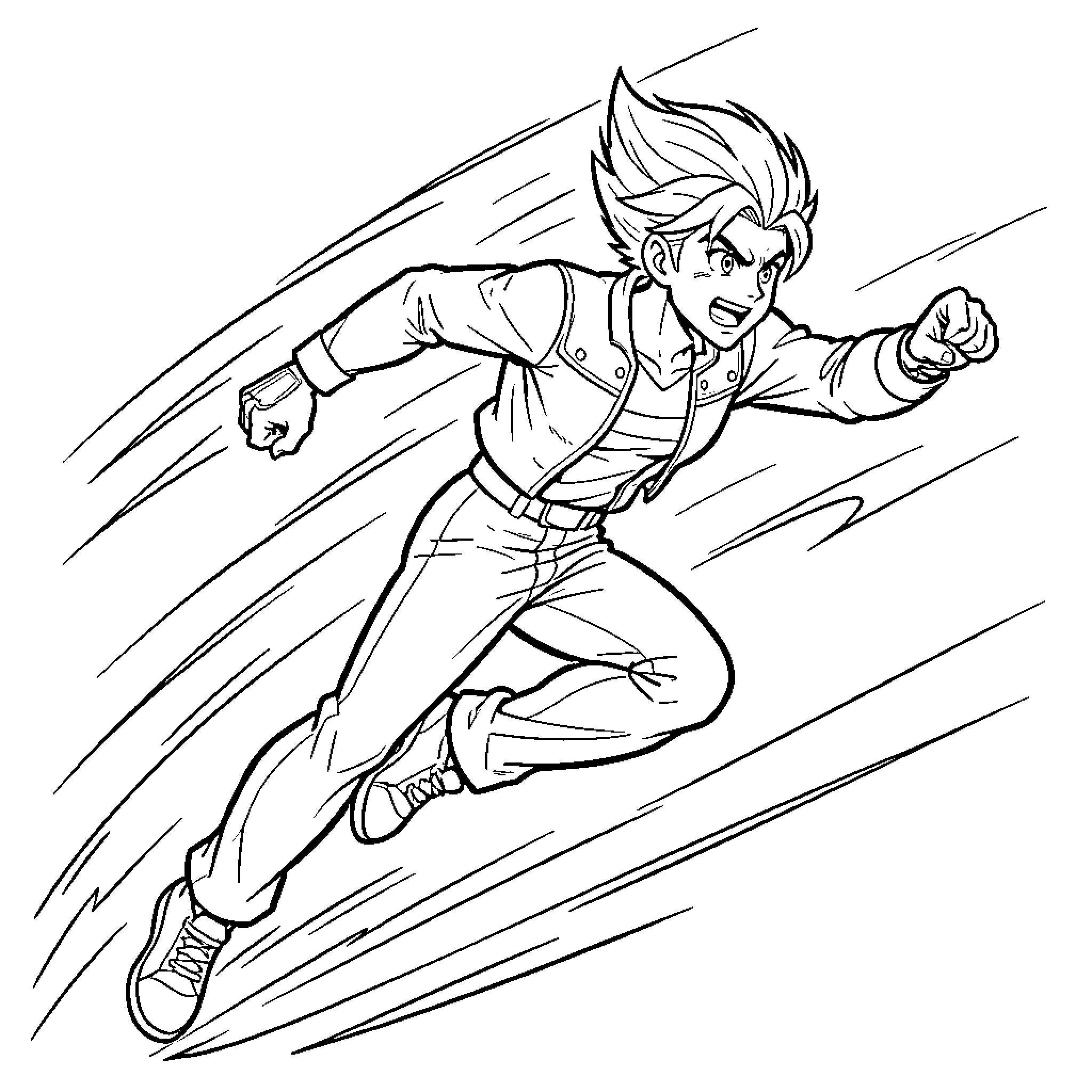 Sonic speed of an anime boy running fast Coloring Page (free black-and-white line drawing printable PDF for all, from beginners to advanced learners, including children, teens, adults, and seniors)