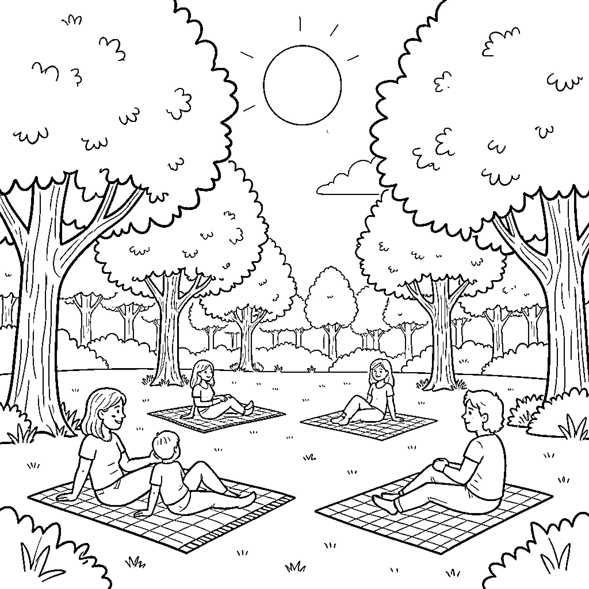 Día en el Parque: Amigos disfrutando al aire libre Coloring Page (free black-and-white line drawing printable PDF for all, from beginners to advanced learners, including children, teens, adults, and seniors)