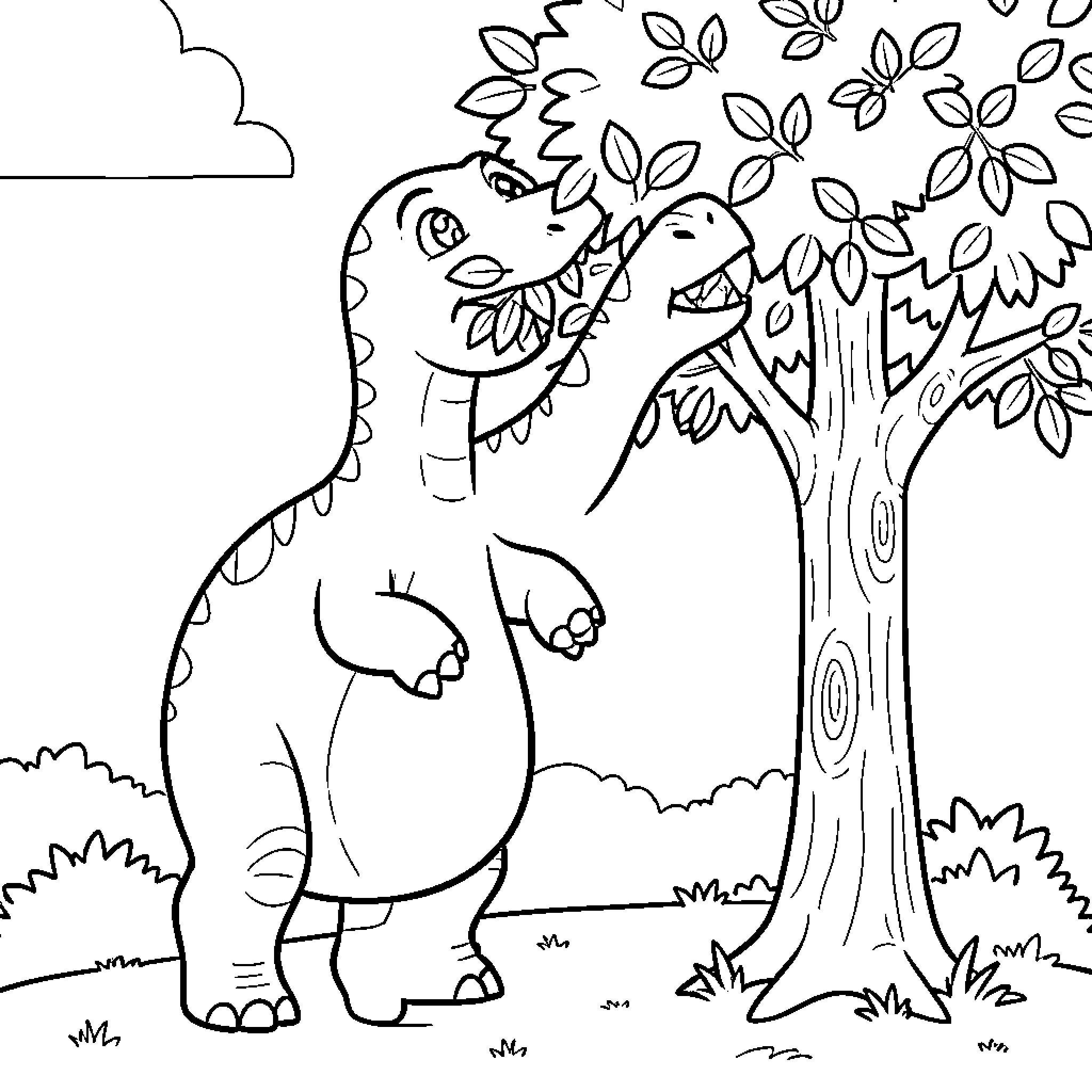 Brontosaurus eating leaves from a leafy tree Coloring Page (free black-and-white line drawing printable PDF for all, from beginners to advanced learners, including children, teens, adults, and seniors)