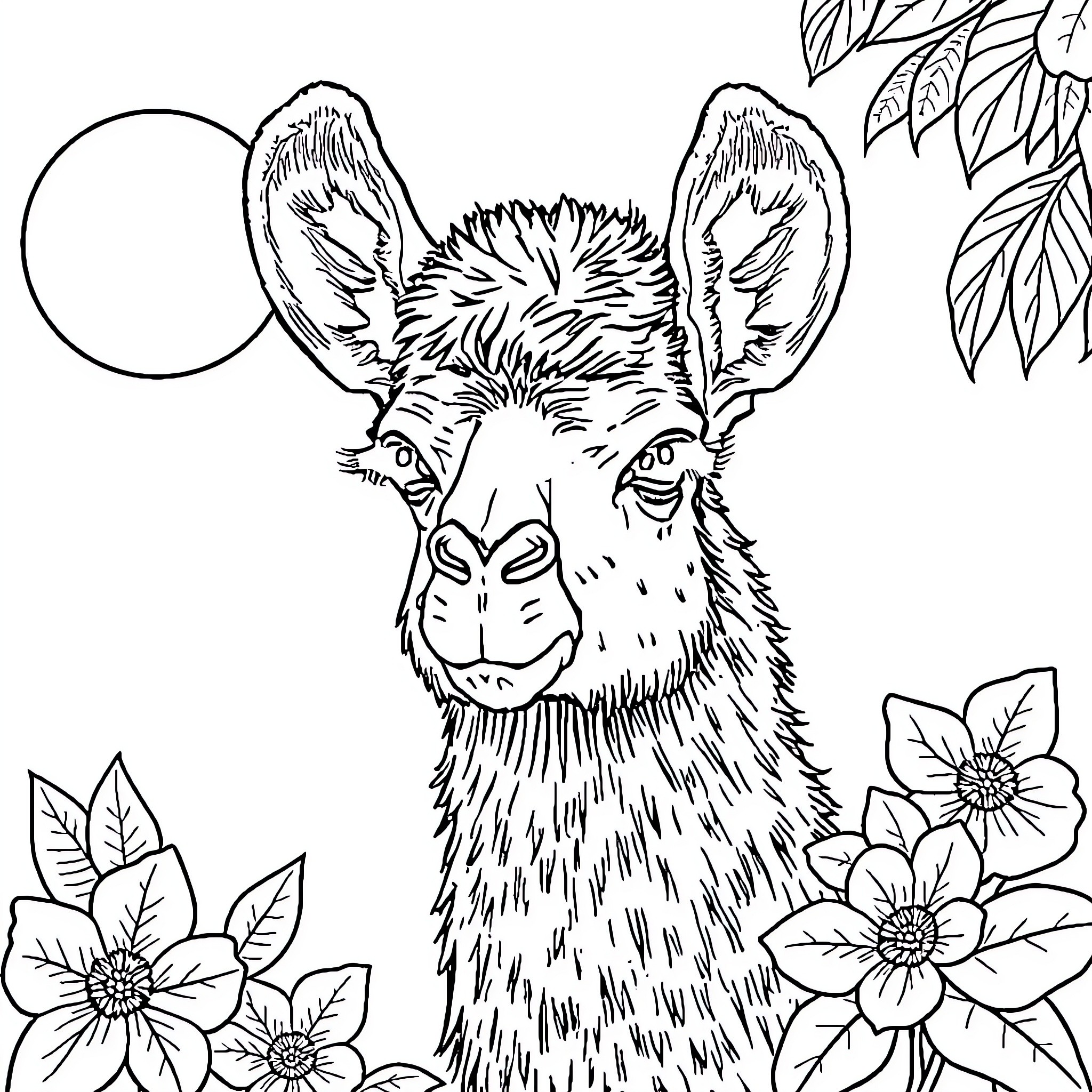 Alpaca peering curiously among floral scenery Coloring Page (free black-and-white line drawing printable PDF for all, from beginners to advanced learners, including children, teens, adults, and seniors)