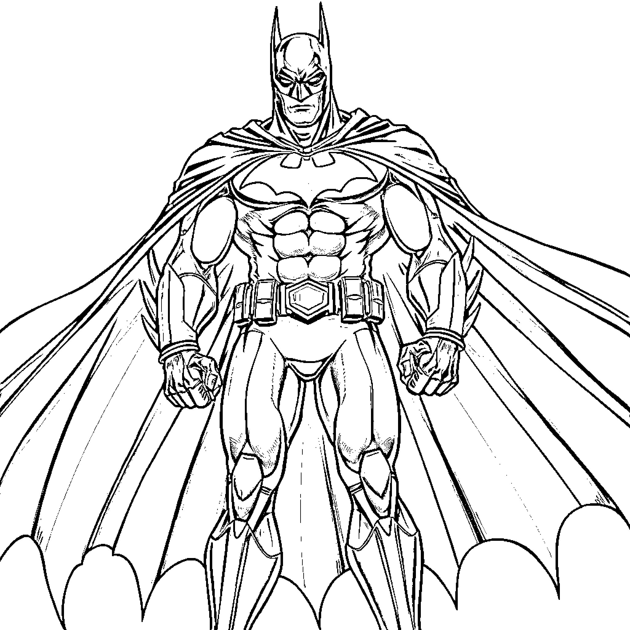 Batman heroically standing with cape outspread Coloring Page (free black-and-white line drawing printable PDF for all, from beginners to advanced learners, including children, teens, adults, and seniors)