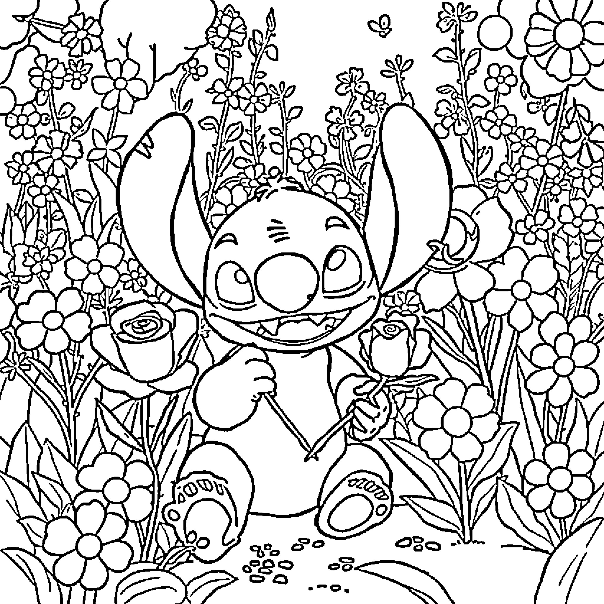 Stitch enjoying a flowery garden Coloring Page (free black-and-white line drawing printable PDF for all, from beginners to advanced learners, including children, teens, adults, and seniors)