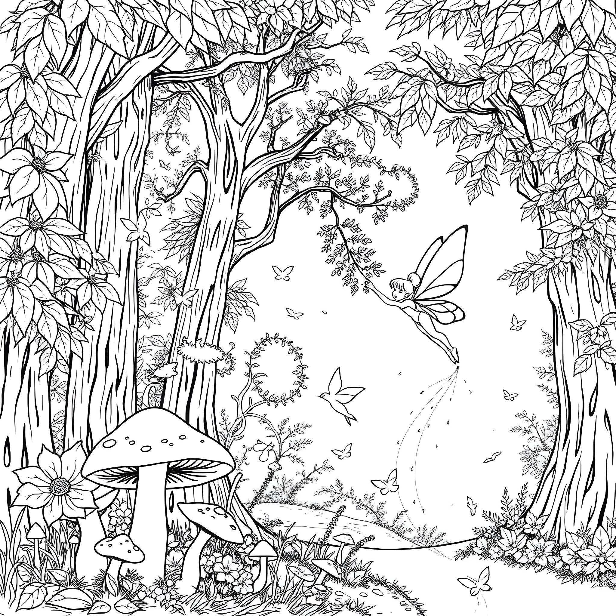Fairy's Enchanted Forest Wonderland Coloring Page (free black-and-white line drawing printable PDF for all, from beginners to advanced learners, including children, teens, adults, and seniors)